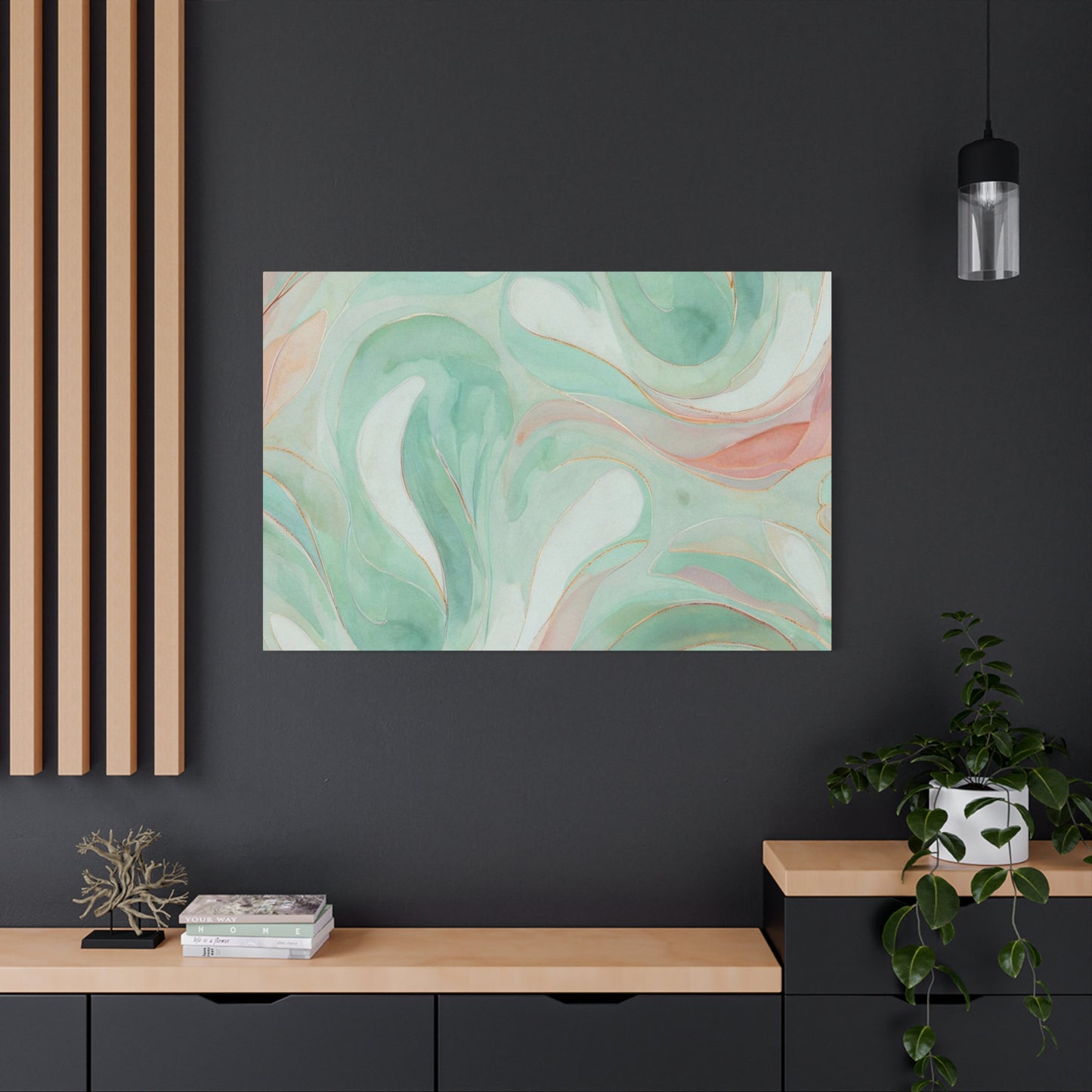 Abstract Green Marble Canvas Print — Teal & Coral Swirl Wall Art