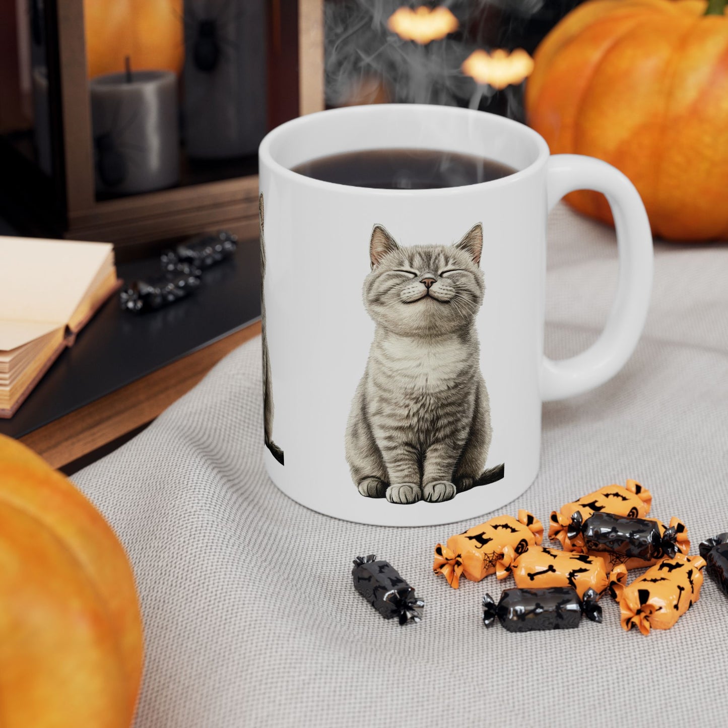 Smiling Grey Tabby Cat Ceramic Mug — Cute Cat Lover Coffee Cup (11oz & 15oz)