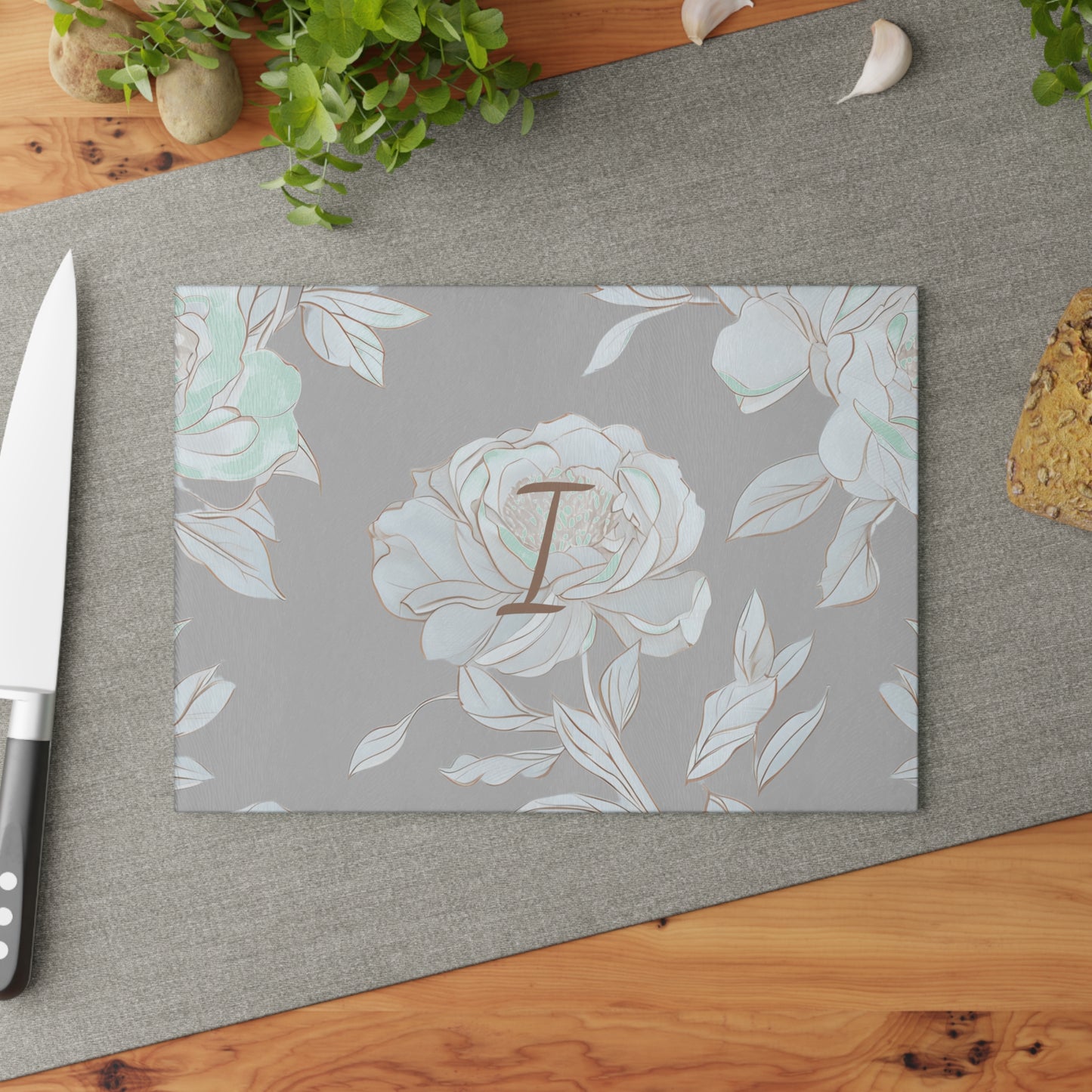Personalized Floral Glass Cutting Board Letter I