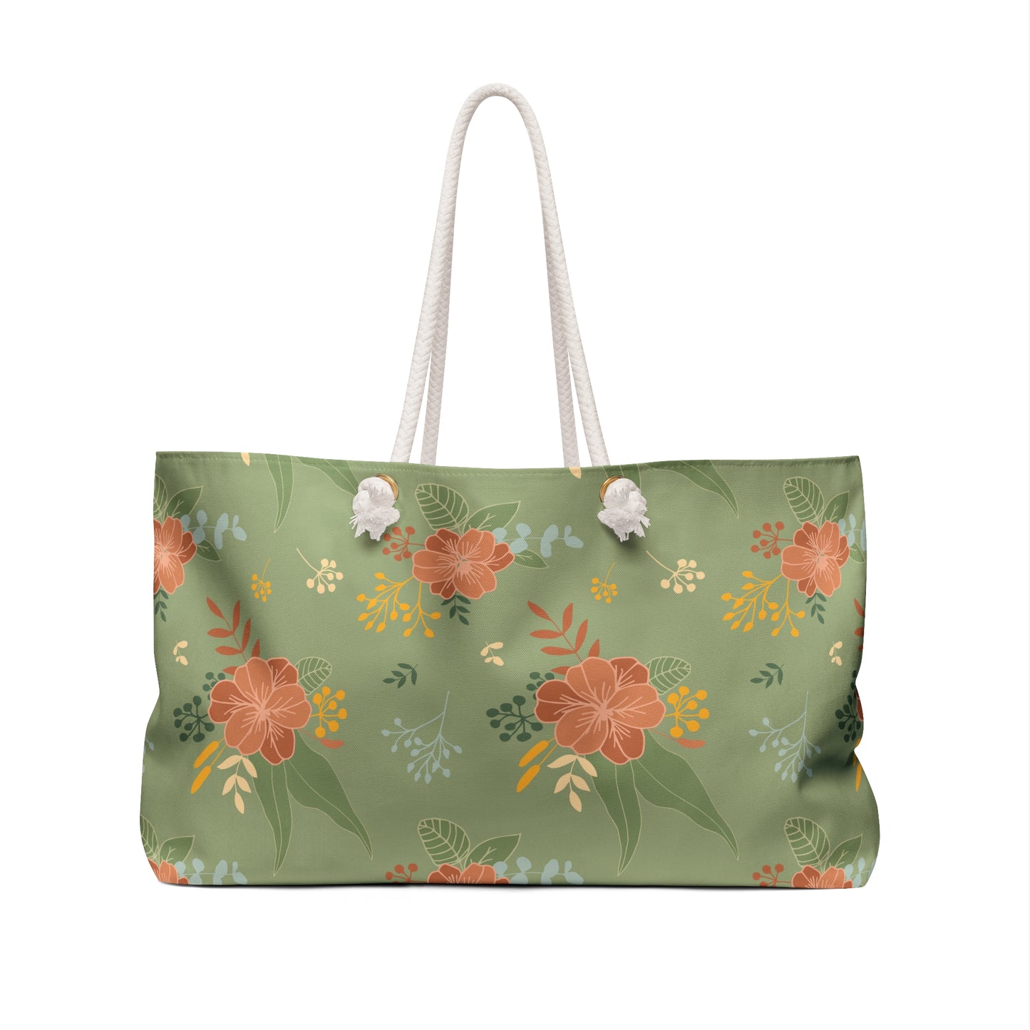 Floral Green Weekender Bag — Spacious Travel Tote with Peach Blooms