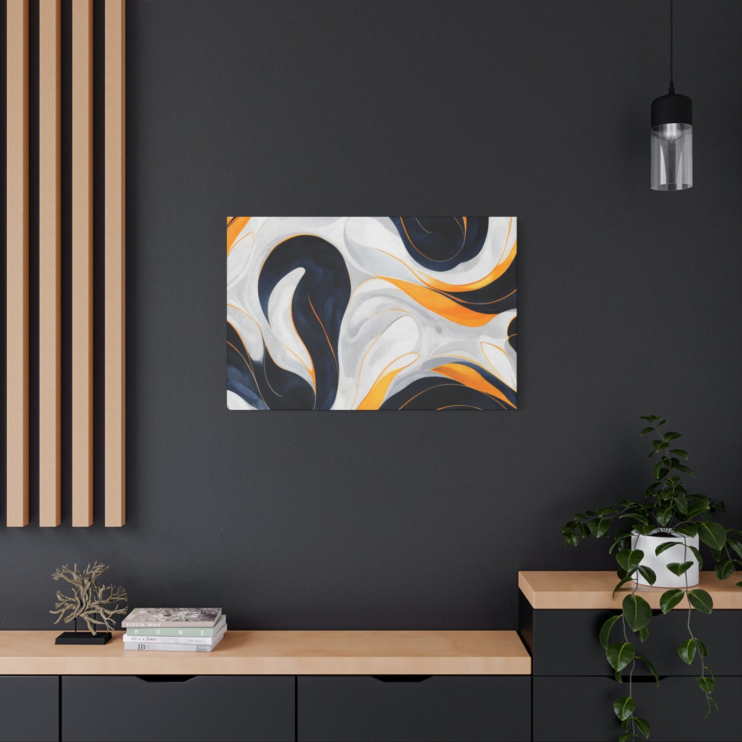 Abstract Fluid Art Matte Canvas Print — Navy, Gold & White Stretched Wall Art