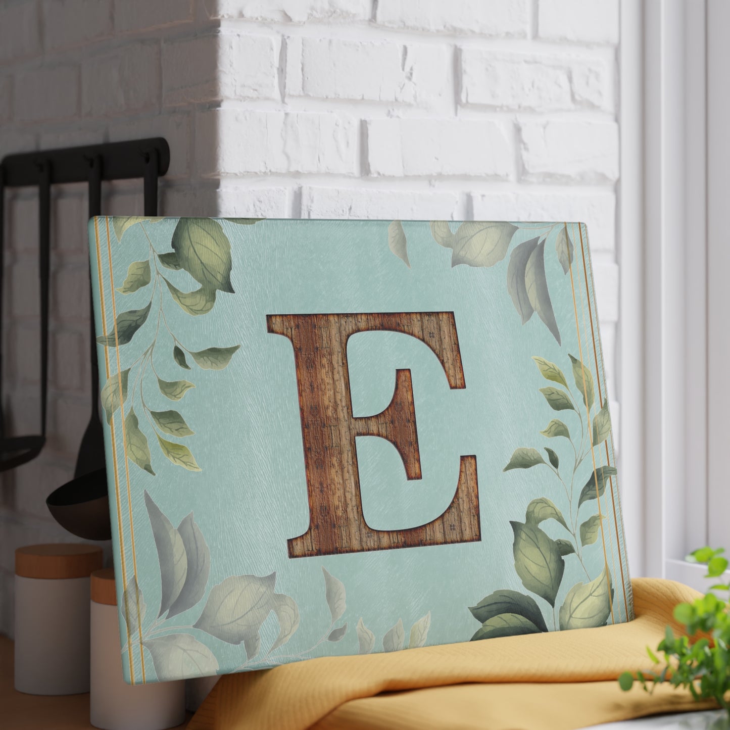 Glass Cutting Board — Monogram 'E' Floral Leaf Kitchen Decor