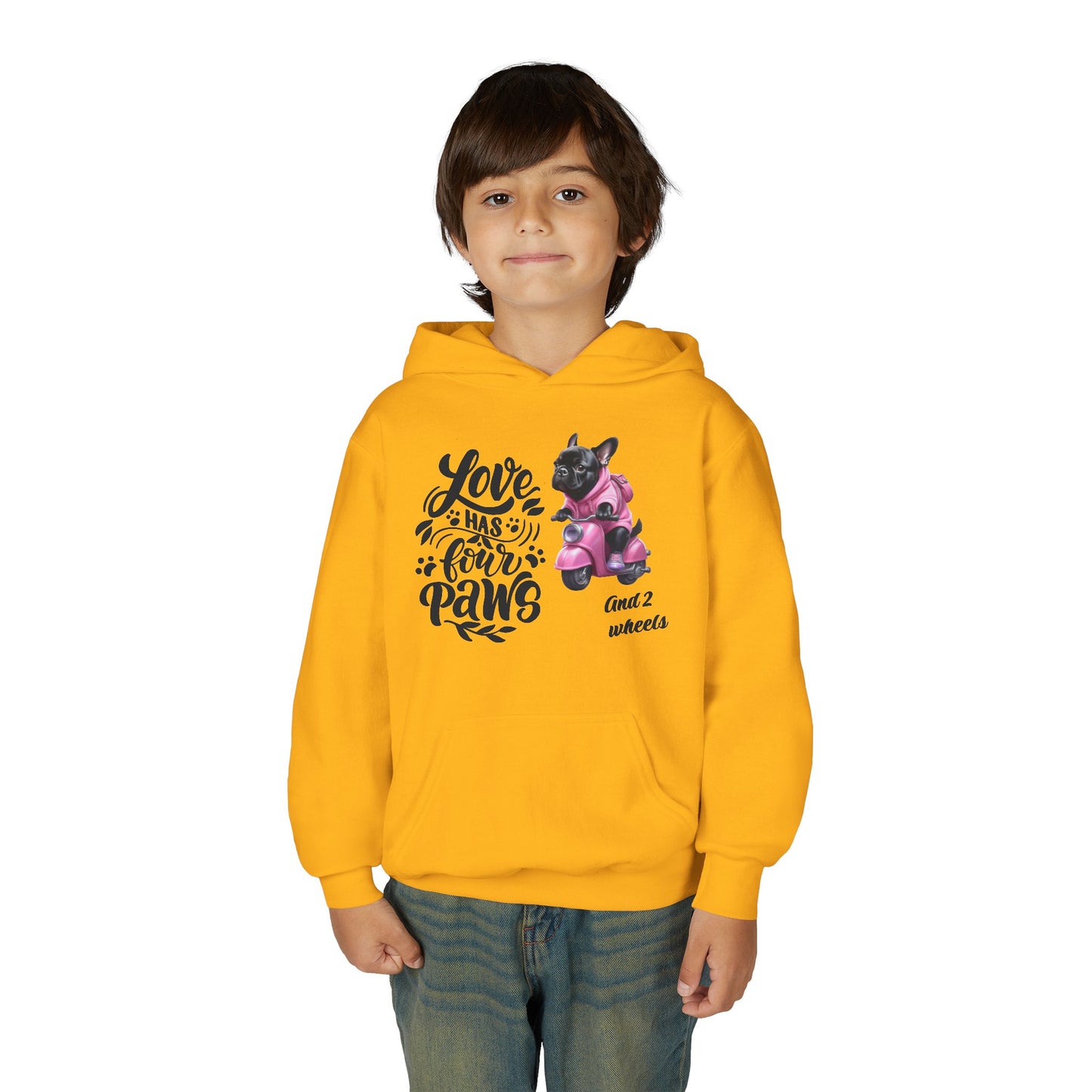 Youth Hoodie — "Love Has Four Paws" Pink Scooter French Bulldog Graphic