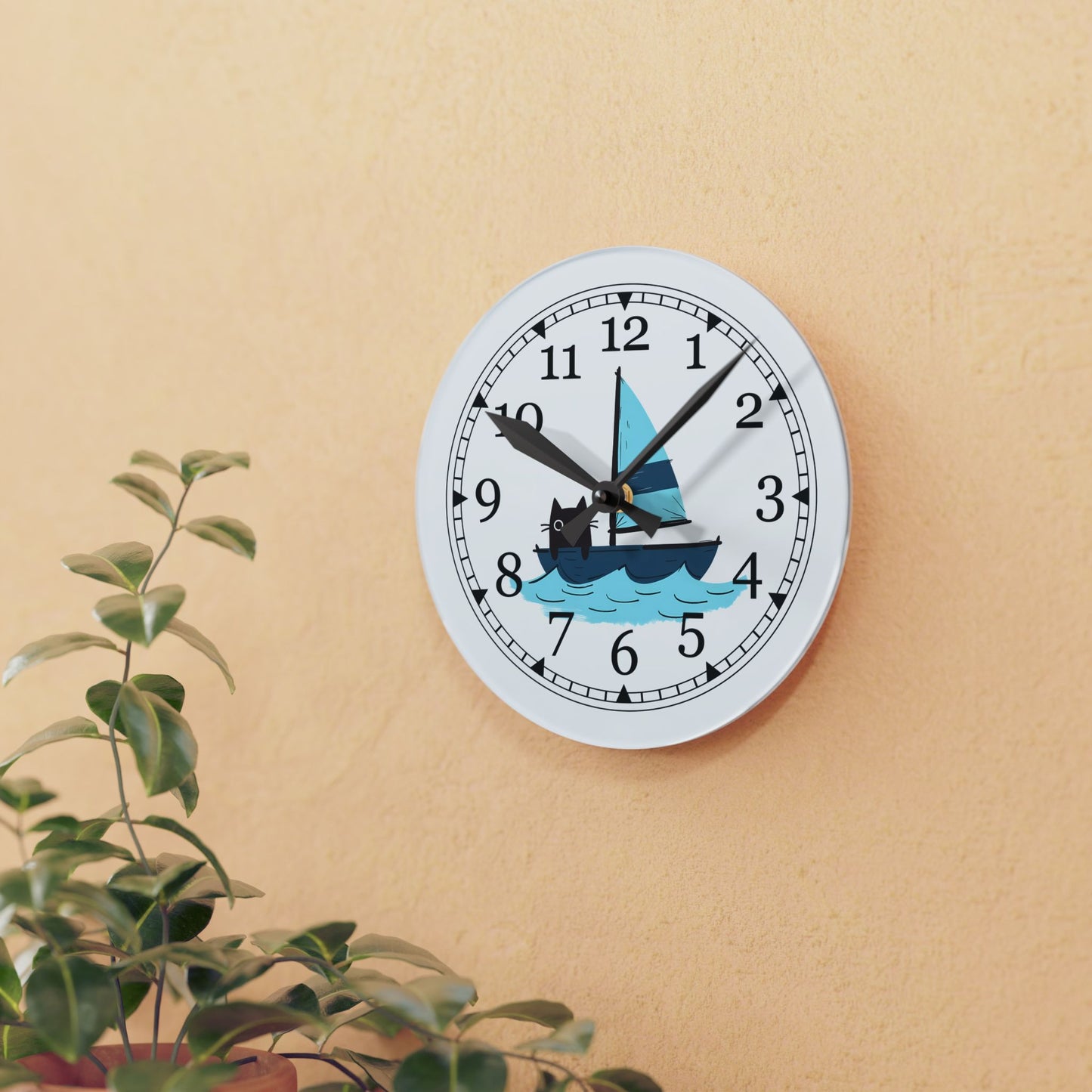 Sailing Cat Acrylic Wall Clock, Cute Home Decor