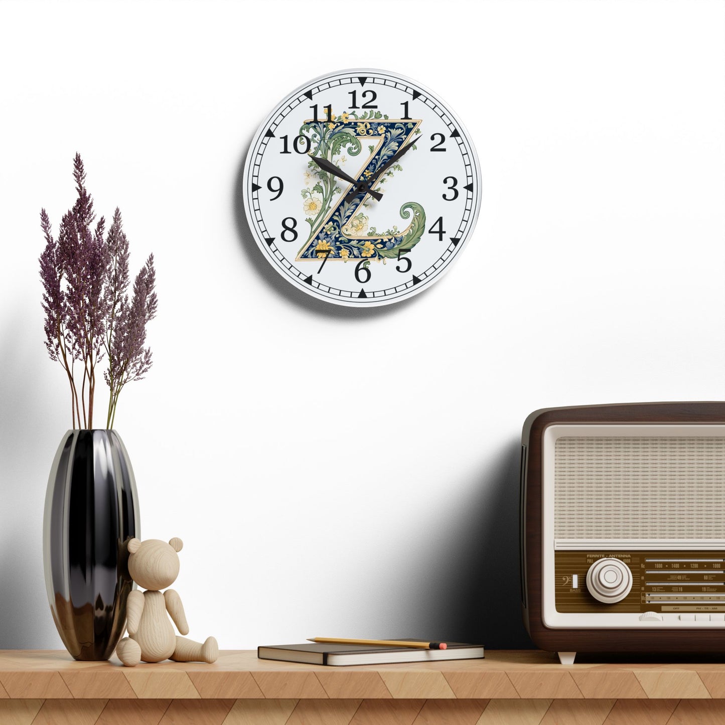Floral Monogram "Z" Acrylic Wall Clock — Vintage Botanical Initial Clock