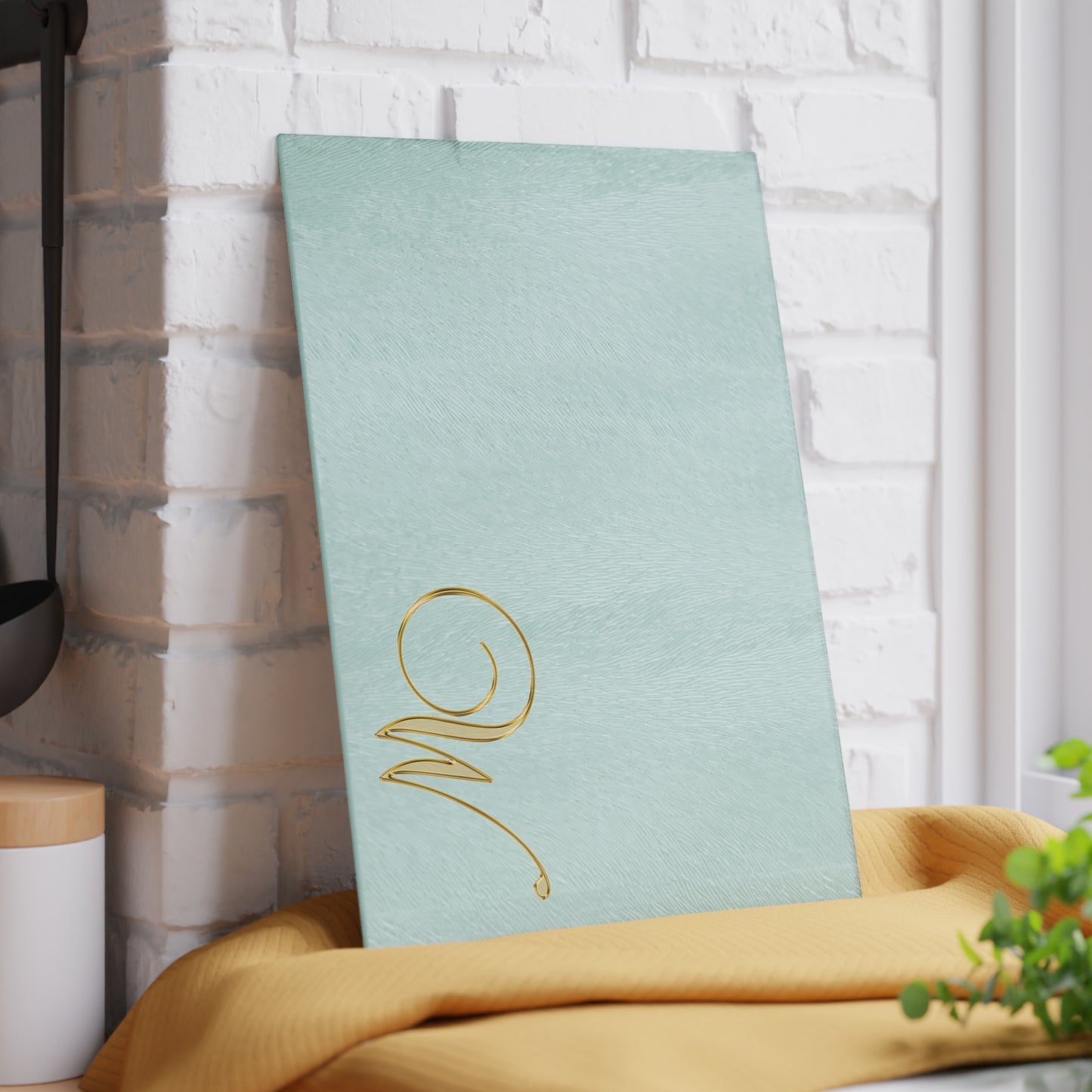 Monogram Glass Cutting Board - Elegant Mint with Gold Script "W"