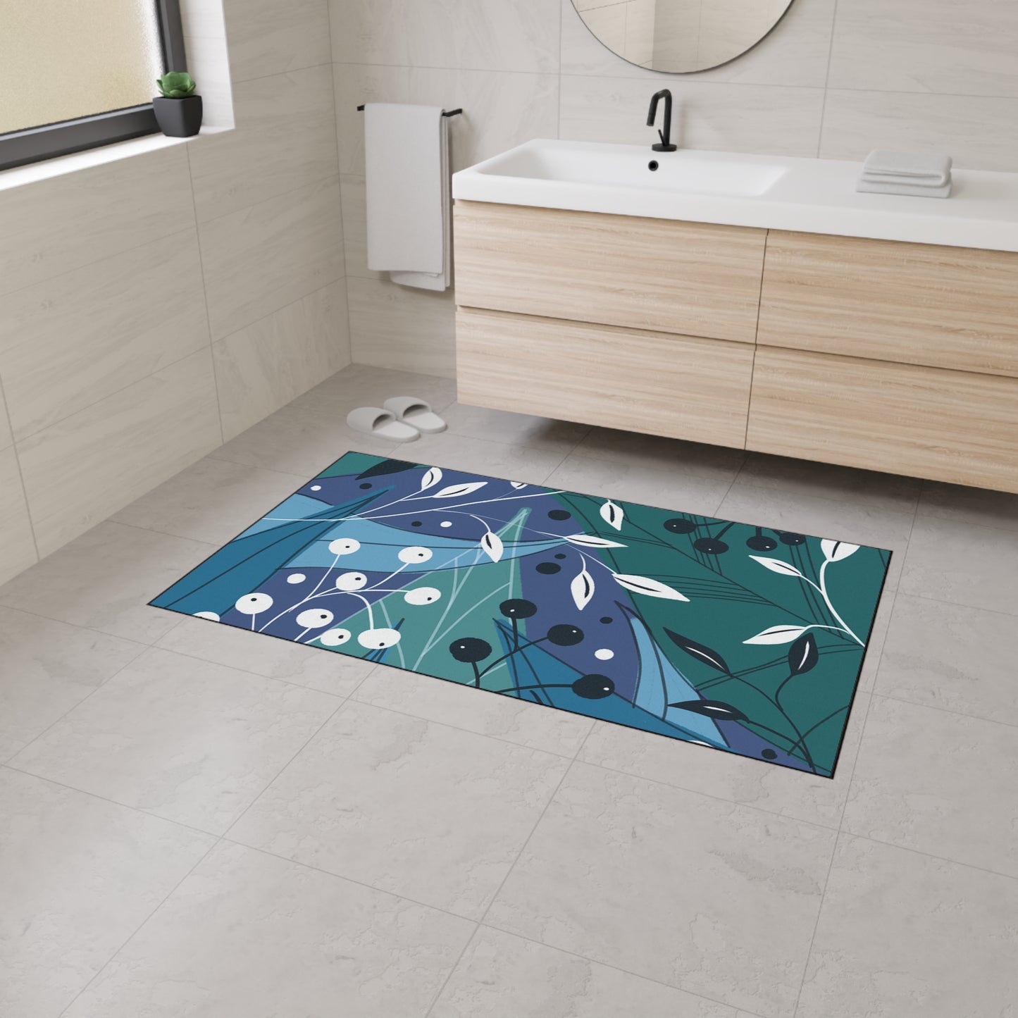 Botanical Blue Heavy-Duty Floor Mat — Durable Floral Entrance Rug