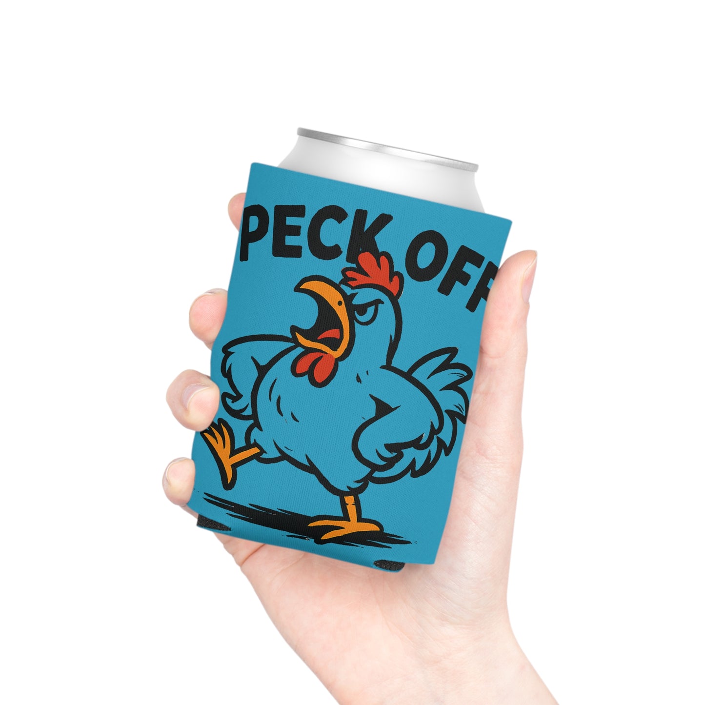 Can Cooler – 'Peck Off' Angry Rooster Drink Holder (Funny Farm Animal Koozie)