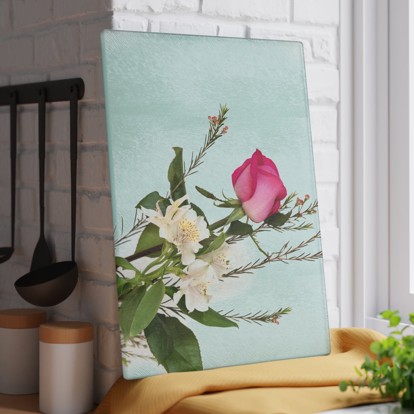 Floral Glass Cutting Board — Pink Rose on Mint Kitchen Prep Surface