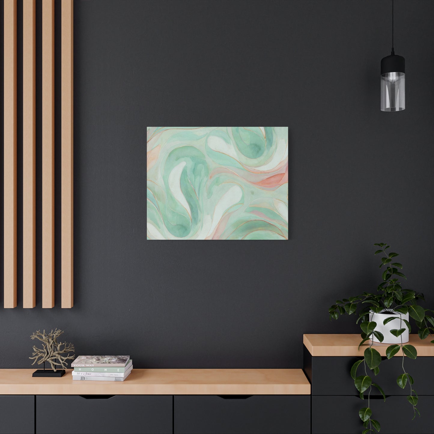 Abstract Green Marble Canvas Print — Teal & Coral Swirl Wall Art