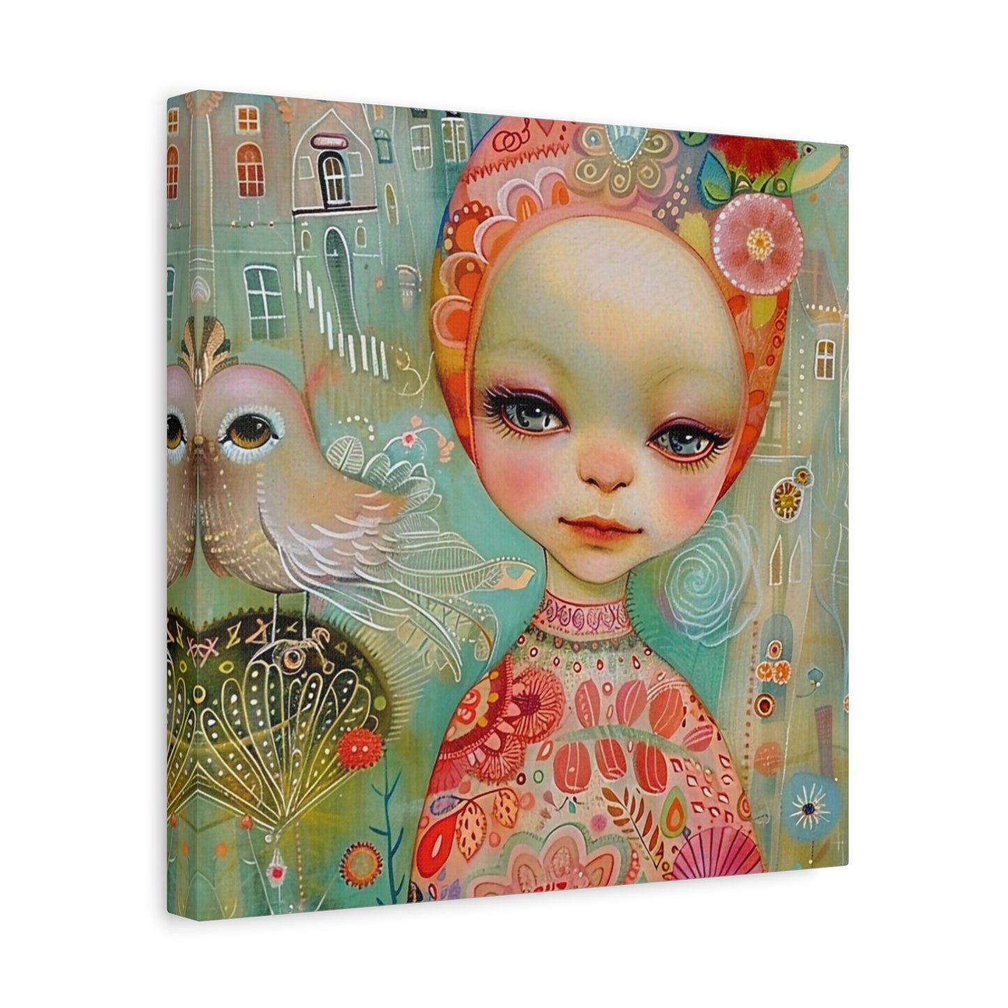 Whimsical Girl & Bird Matte Canvas Wall Art — Stretched Decorative Painting