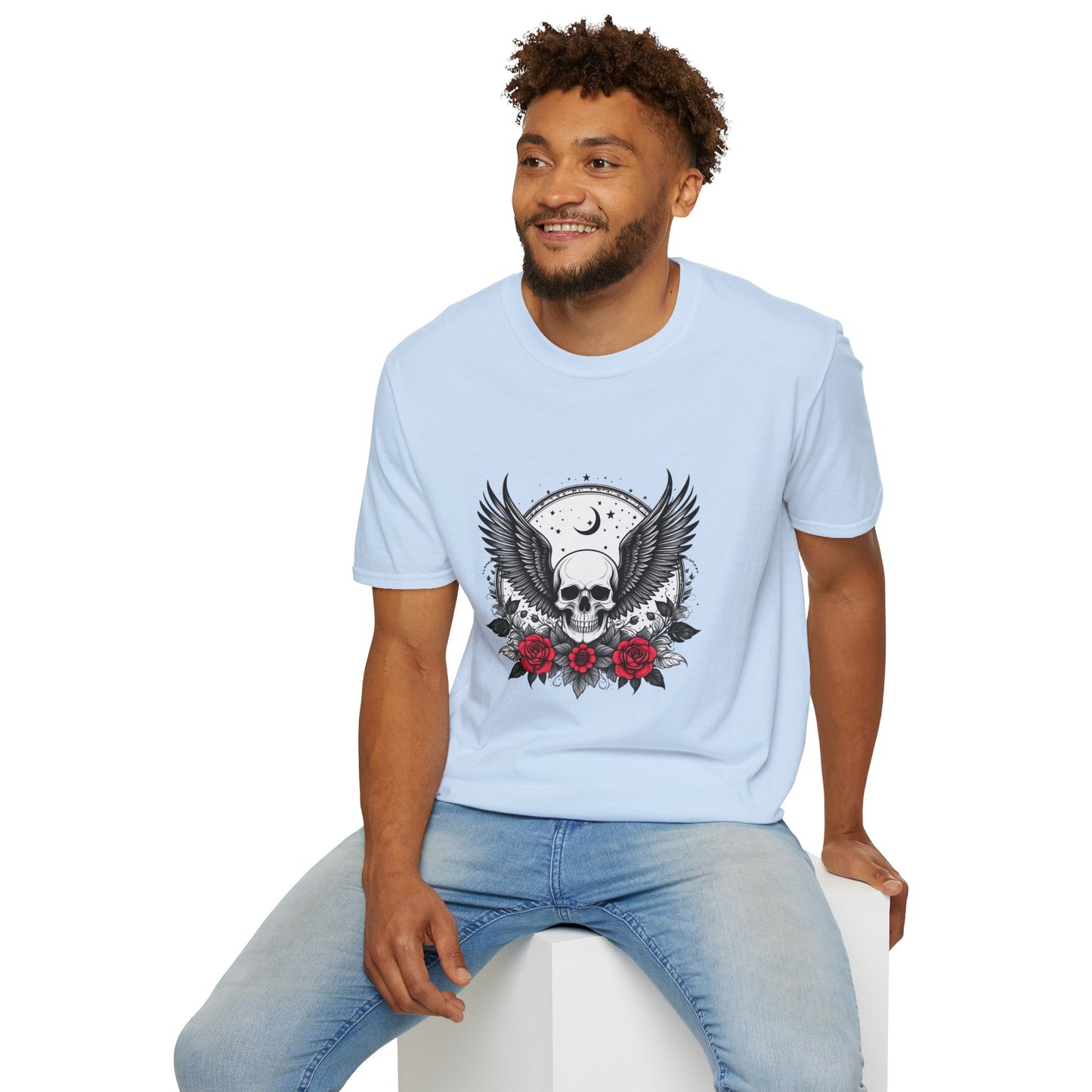 Skull Wings T‑Shirt – Crescent Moon & Red Roses Gothic Graphic Tee