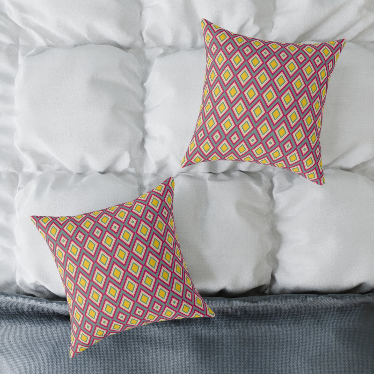 Geometric Retro Diamond Throw Pillow — Pink & Mustard Accent Cushion