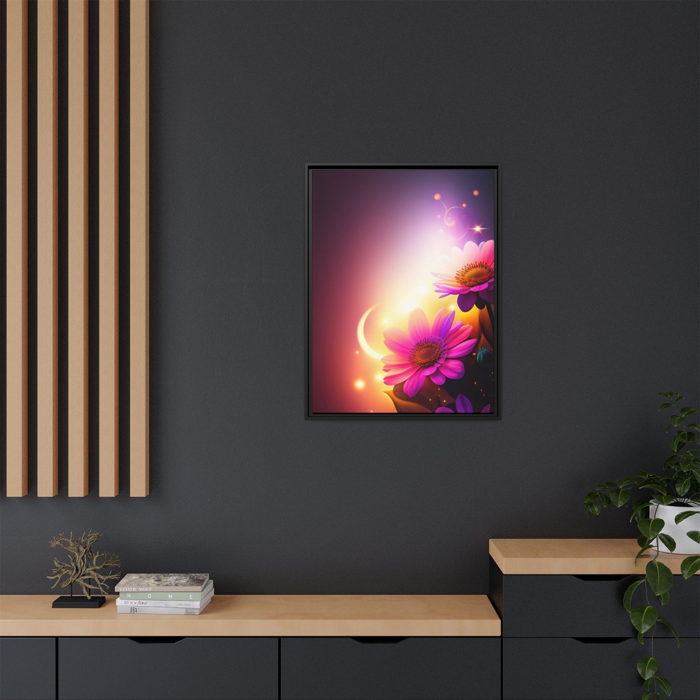 Framed Floral Canvas Art — Pink Daisies Sunset Wall Print