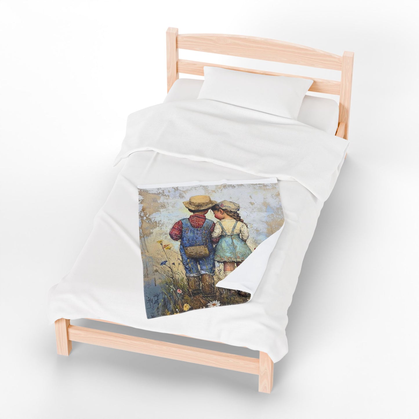Vintage Children Standing Together Velveteen Plush Blanket — Rustic Nursery Throw