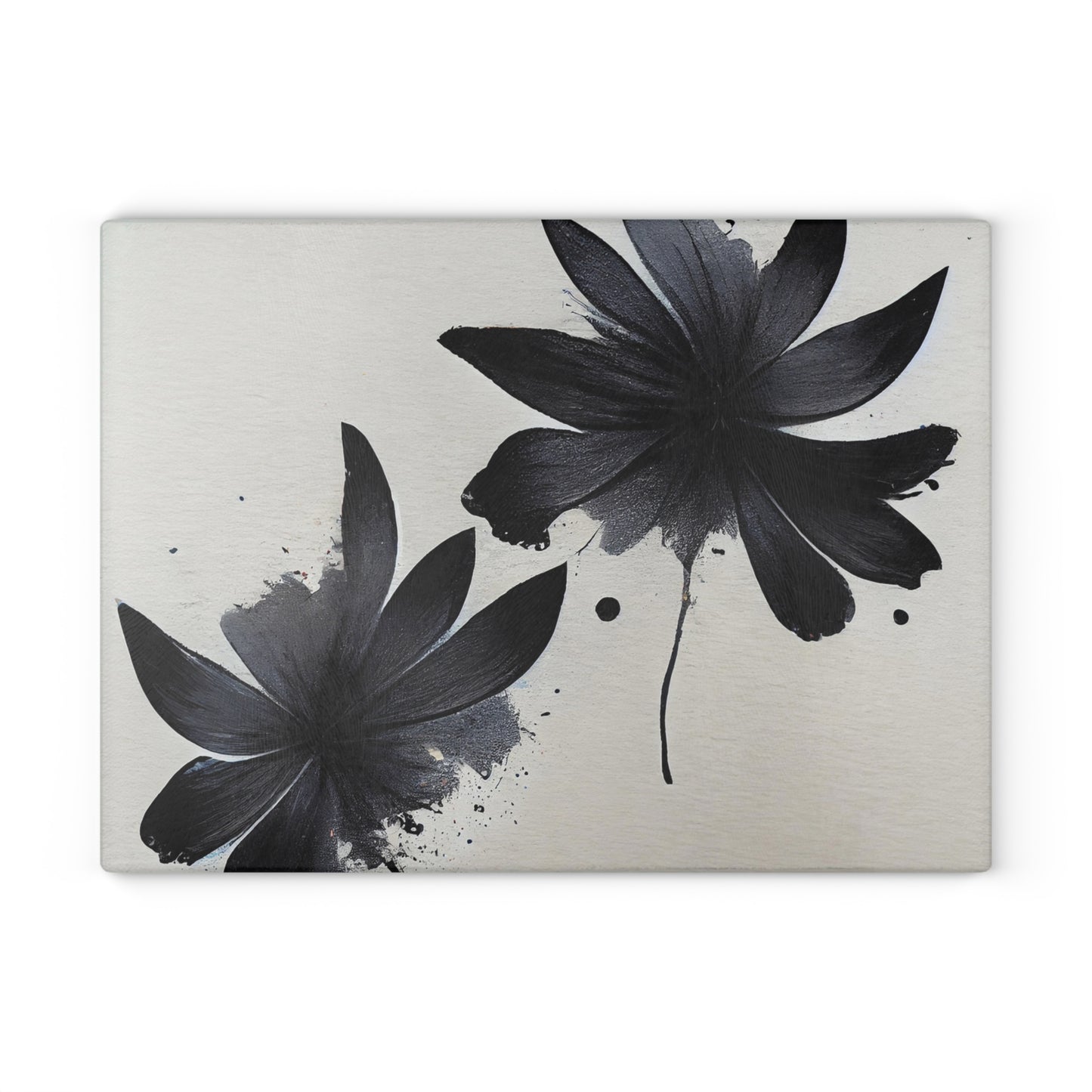 Glass Cutting Board — Black Floral Ink Splash Design