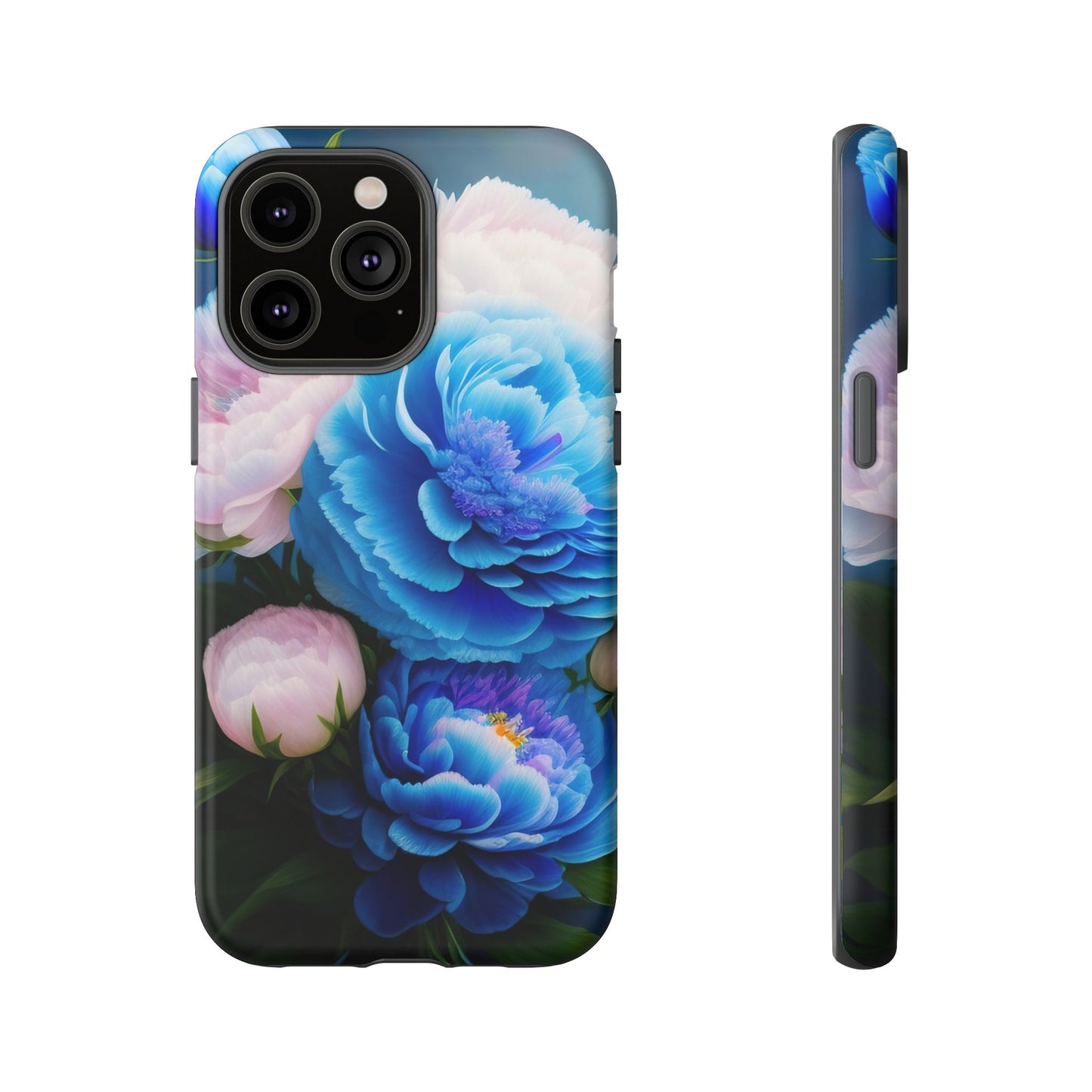 Floral Blue Peony Phone Case — Protective Tough Case with Pink & Blue Blooms