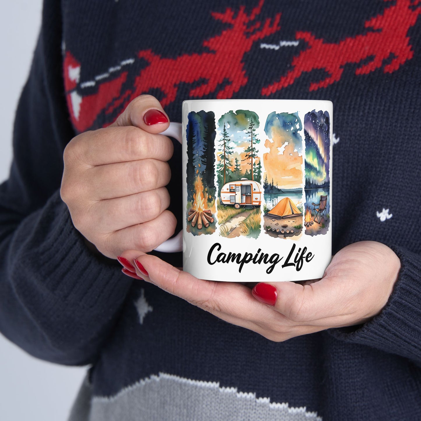 Camping Life Ceramic Mug — Scenic Campfire & Northern Lights Coffee Cup (11oz/15oz)