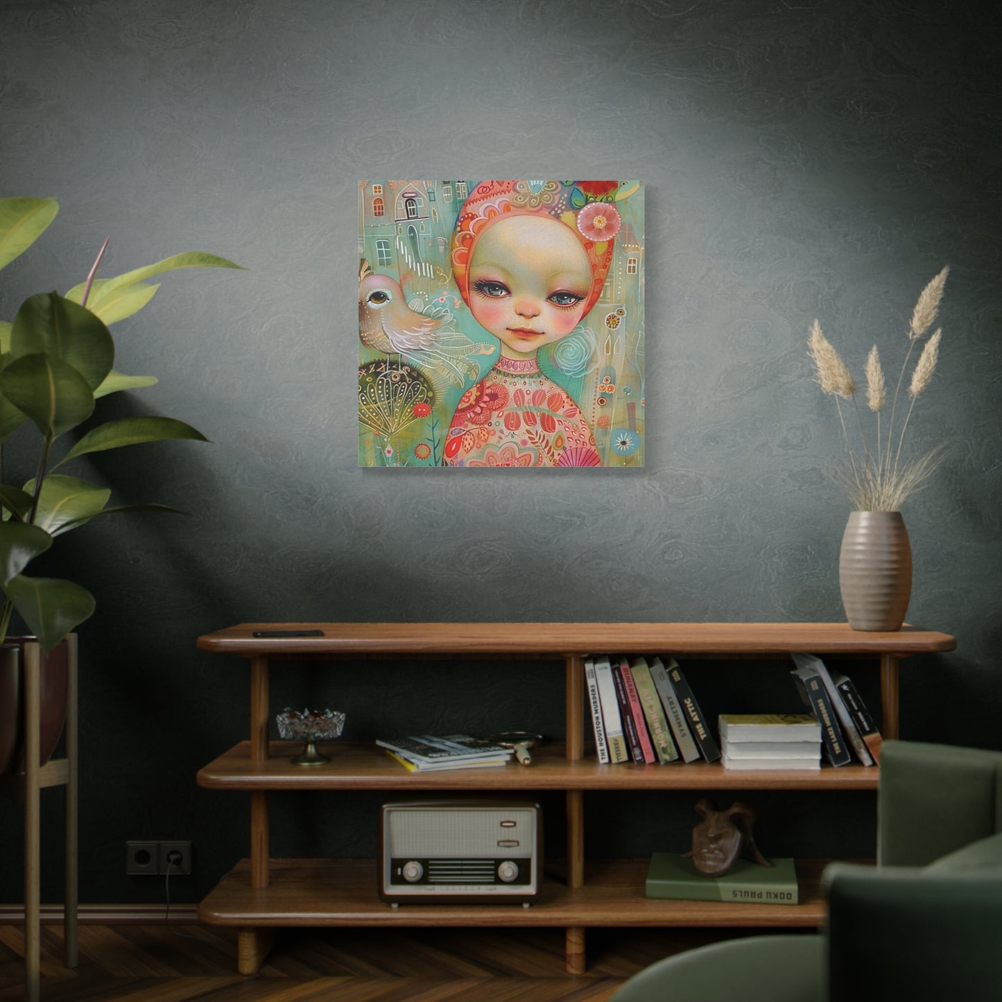 Whimsical Girl & Bird Matte Canvas Wall Art — Stretched Decorative Painting