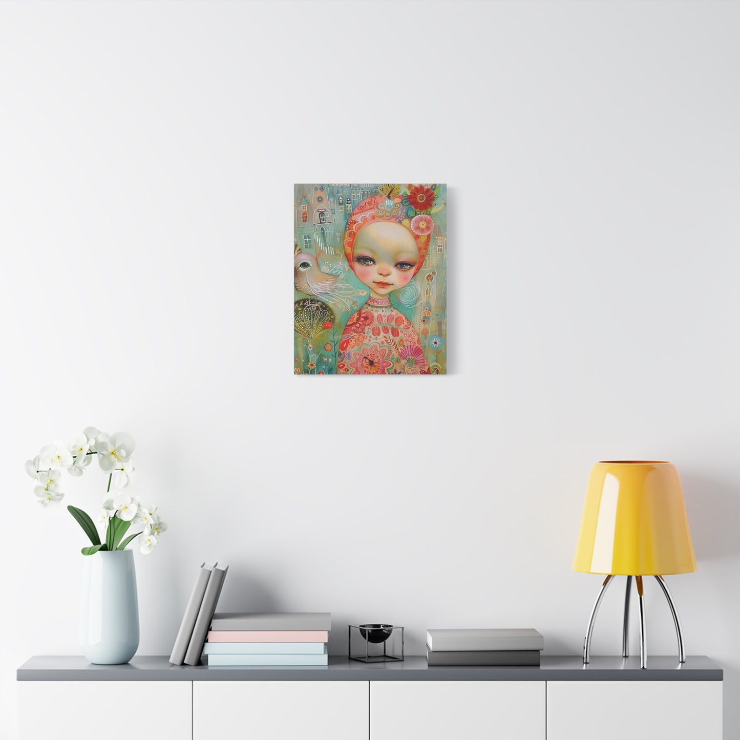 Whimsical Girl & Bird Matte Canvas Wall Art — Stretched Decorative Painting
