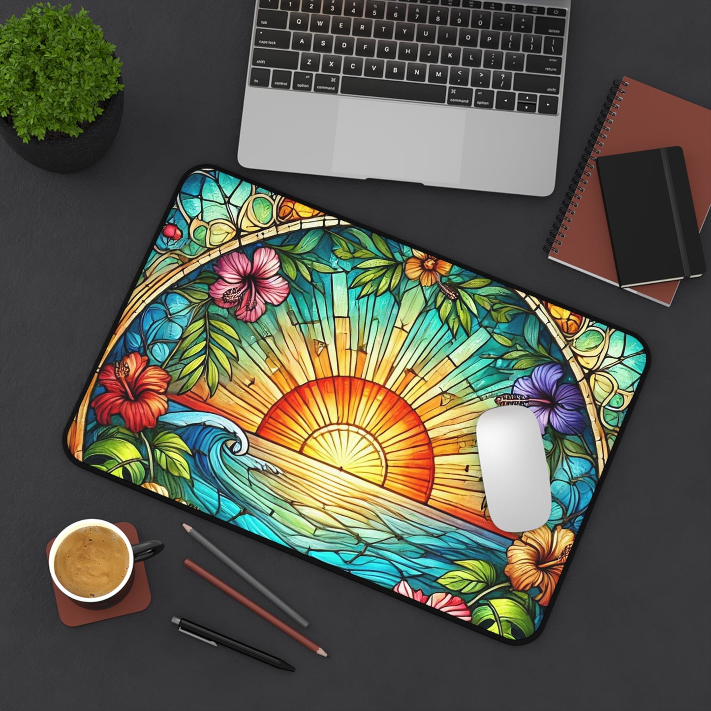 Sunset Tropical Desk Mat — Stained-Glass Sunrise Beach Mouse Pad