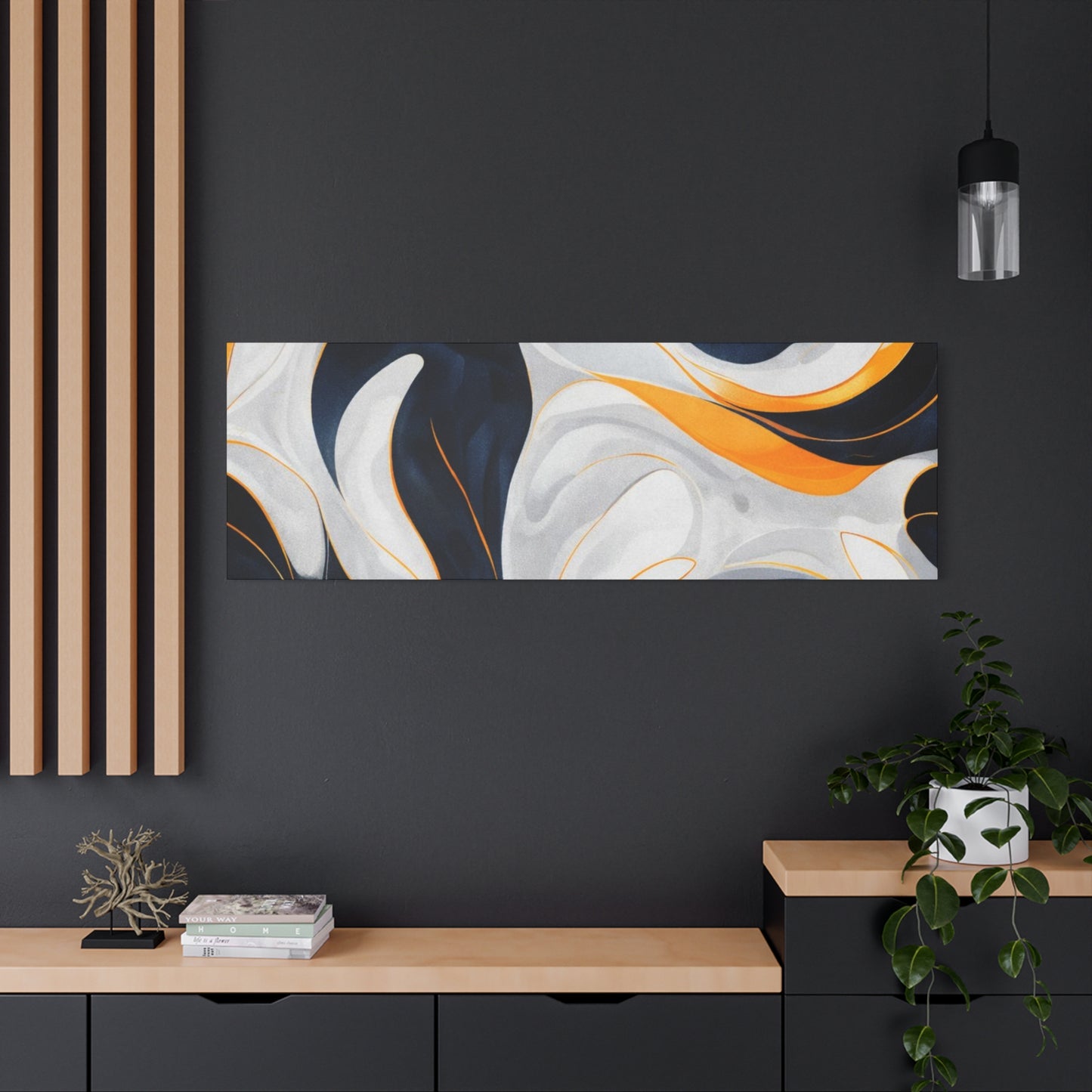 Abstract Fluid Art Matte Canvas Print — Navy, Gold & White Stretched Wall Art