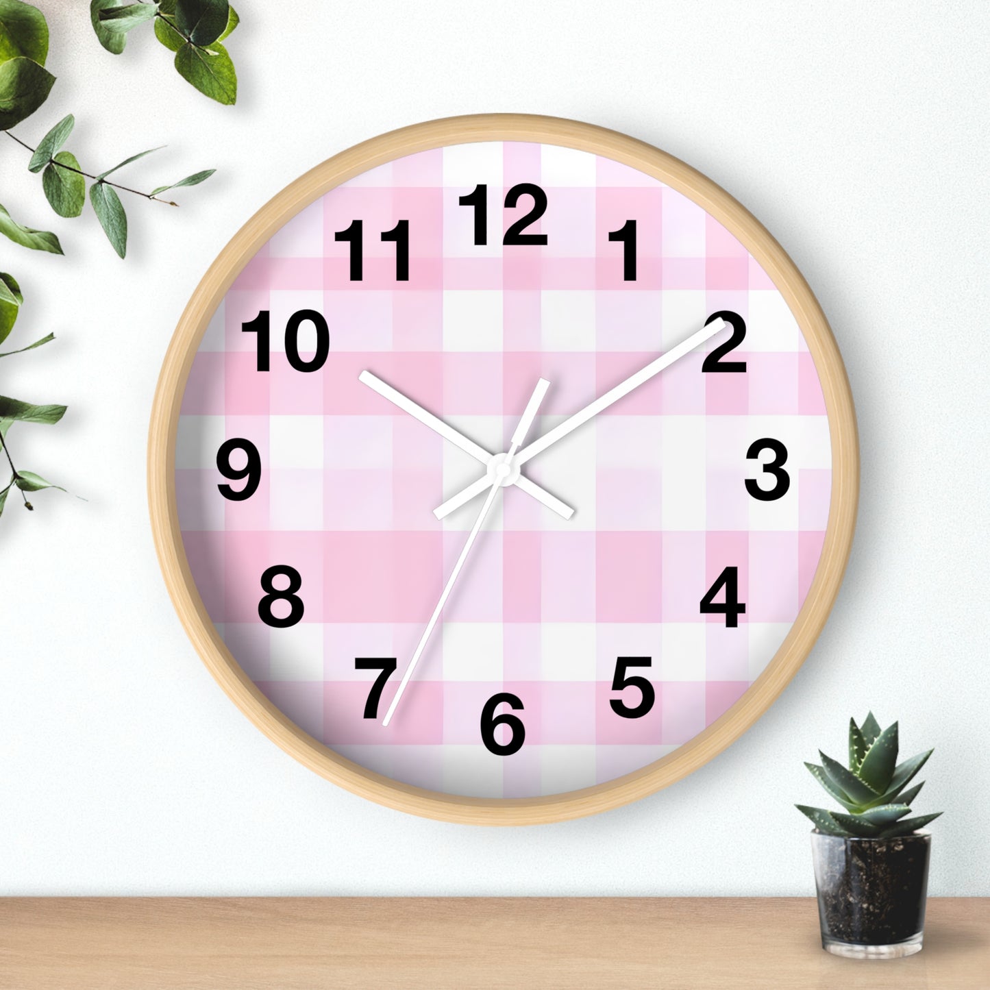 Pink Gingham Wall Clock — Cute Check Pattern Clock for Nursery & Kitchen