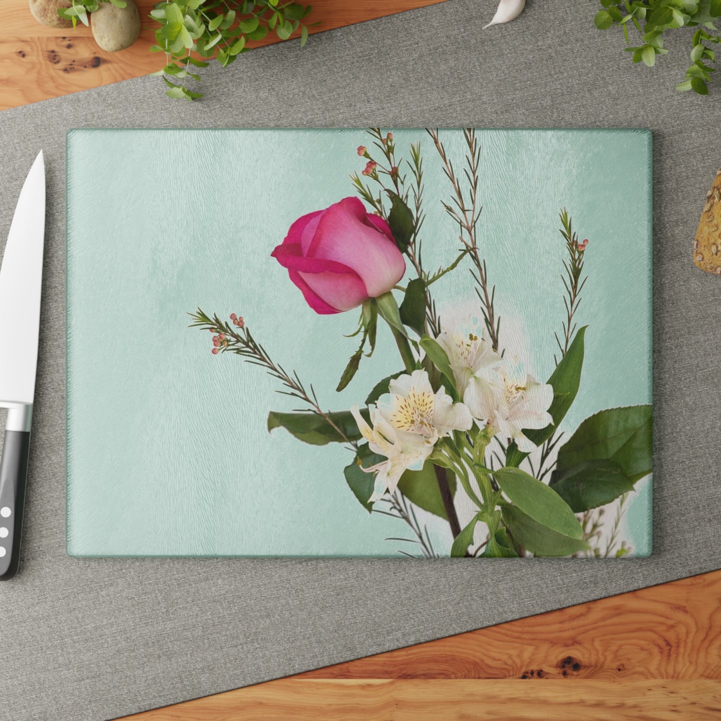 Floral Glass Cutting Board — Pink Rose on Mint Kitchen Prep Surface