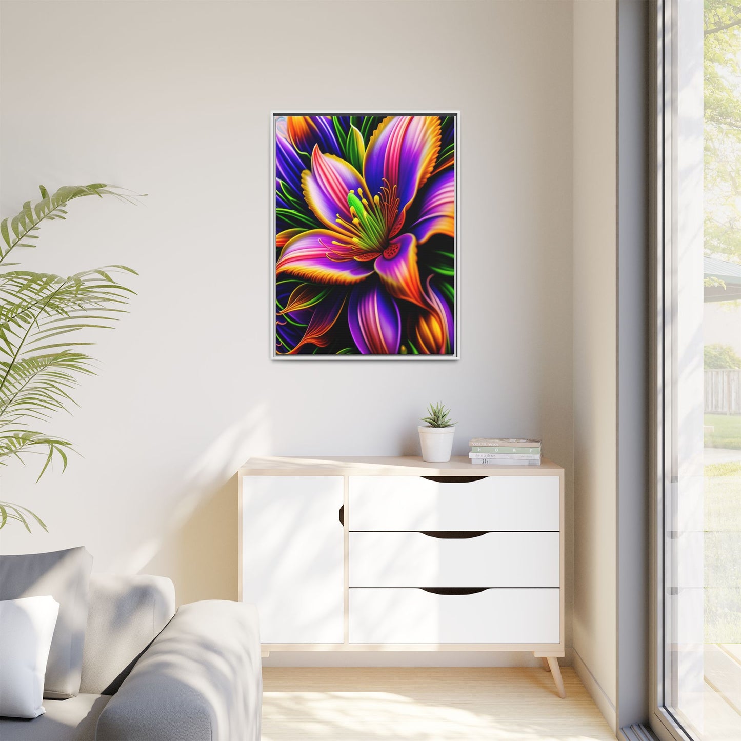 Vibrant Neon Floral Matte Canvas Print — Framed Wall Art