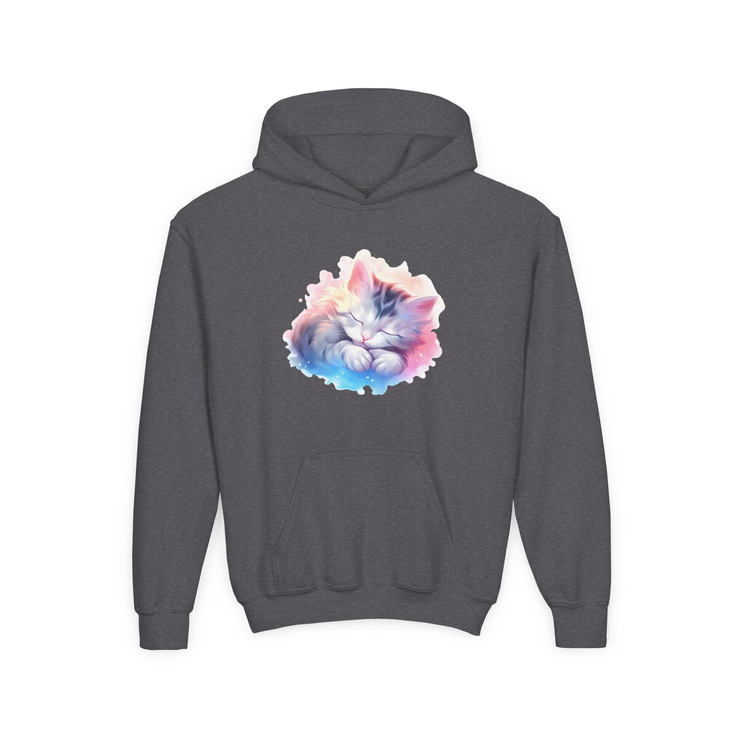 Kids' Cozy Rainbow Kitten Hoodie — Cute Sleeping Cat Youth Sweatshirt