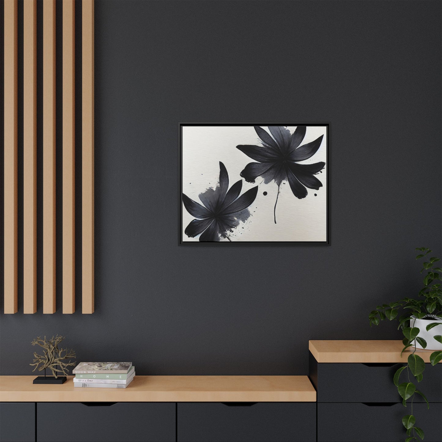 Framed Black Floral Matte Canvas Wall Art — Monochrome Botanical Print