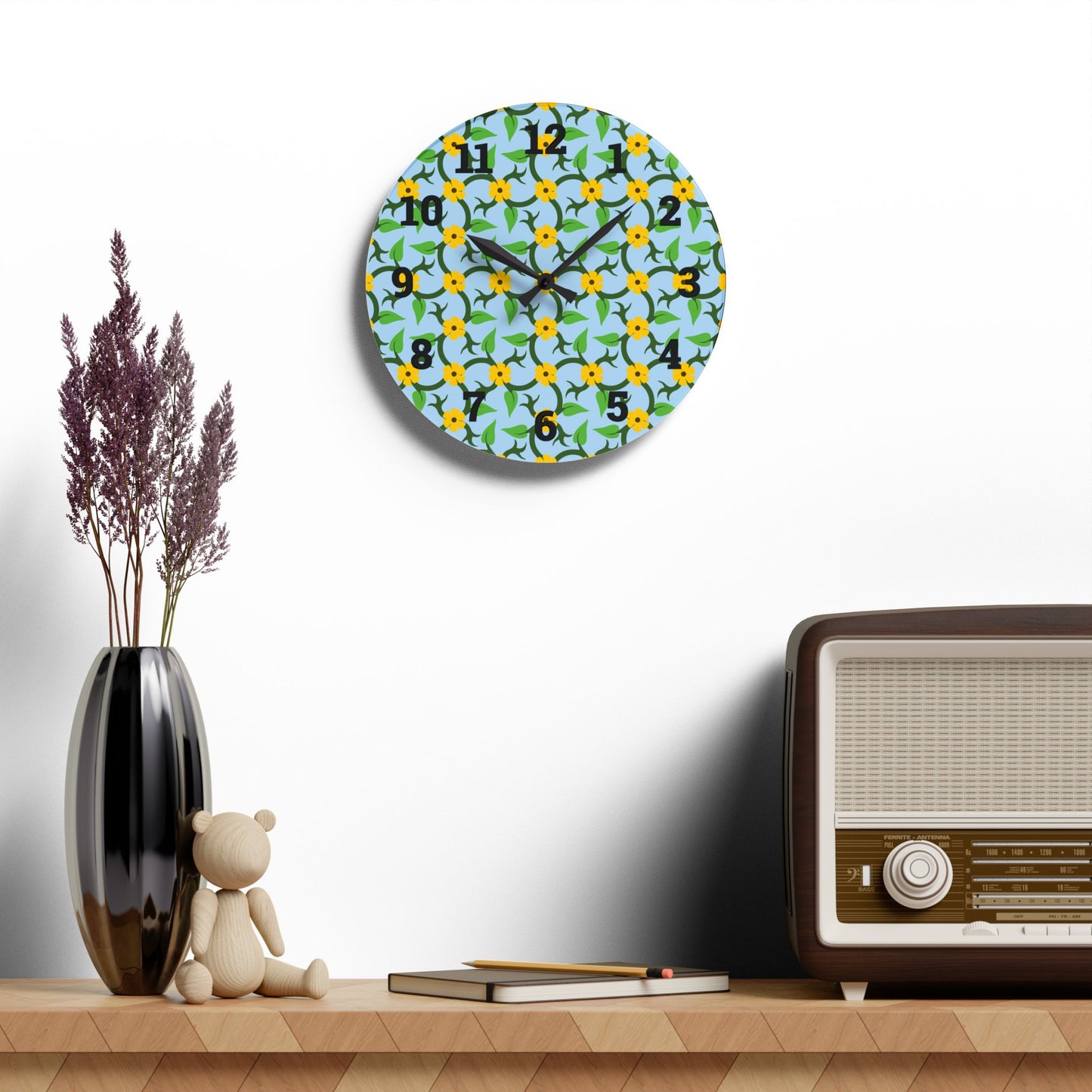 Vibrant Floral Acrylic Wall Clock, Modern Home Decor, Kitchen Wall Art