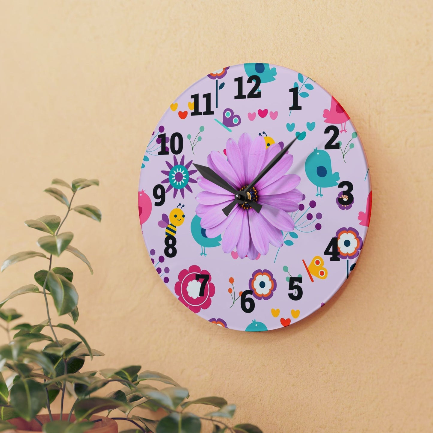 Whimsical Floral Acrylic Wall Clock, Cute Decor, Spring Vibes, Home Office Gift