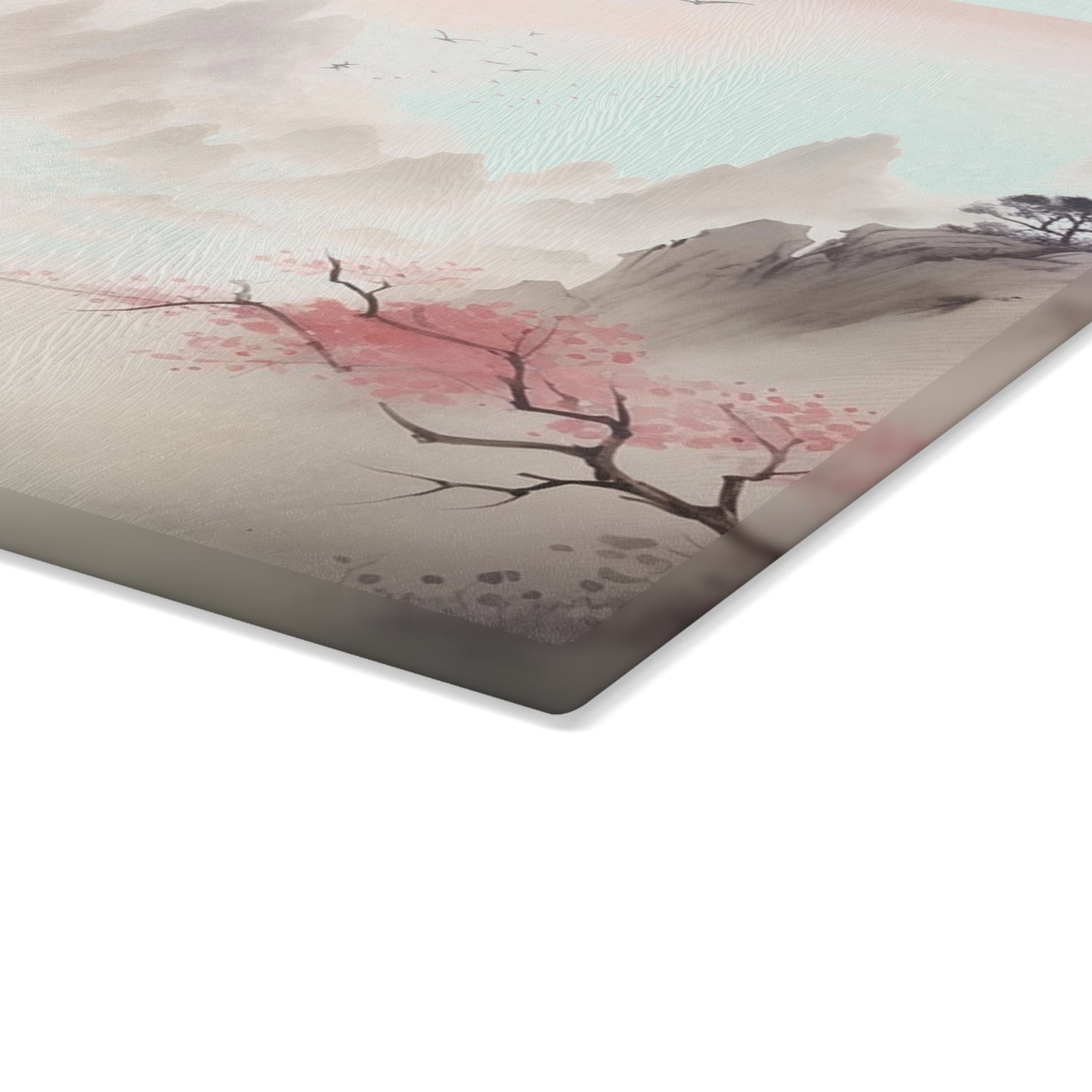 Glass Cutting Board — Pastel Japanese Landscape with Cherry Blossoms