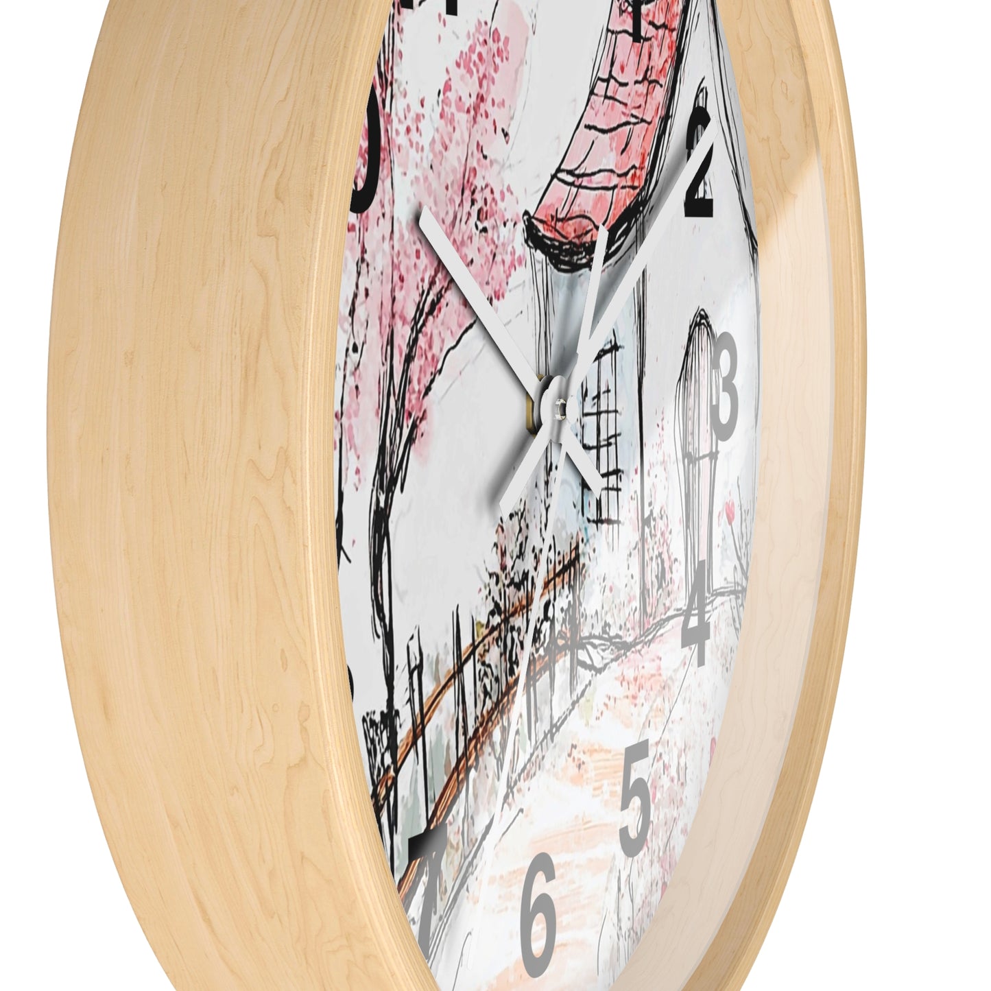 Cottage Garden Wall Clock — Hand-Drawn Pink Blossom Scene