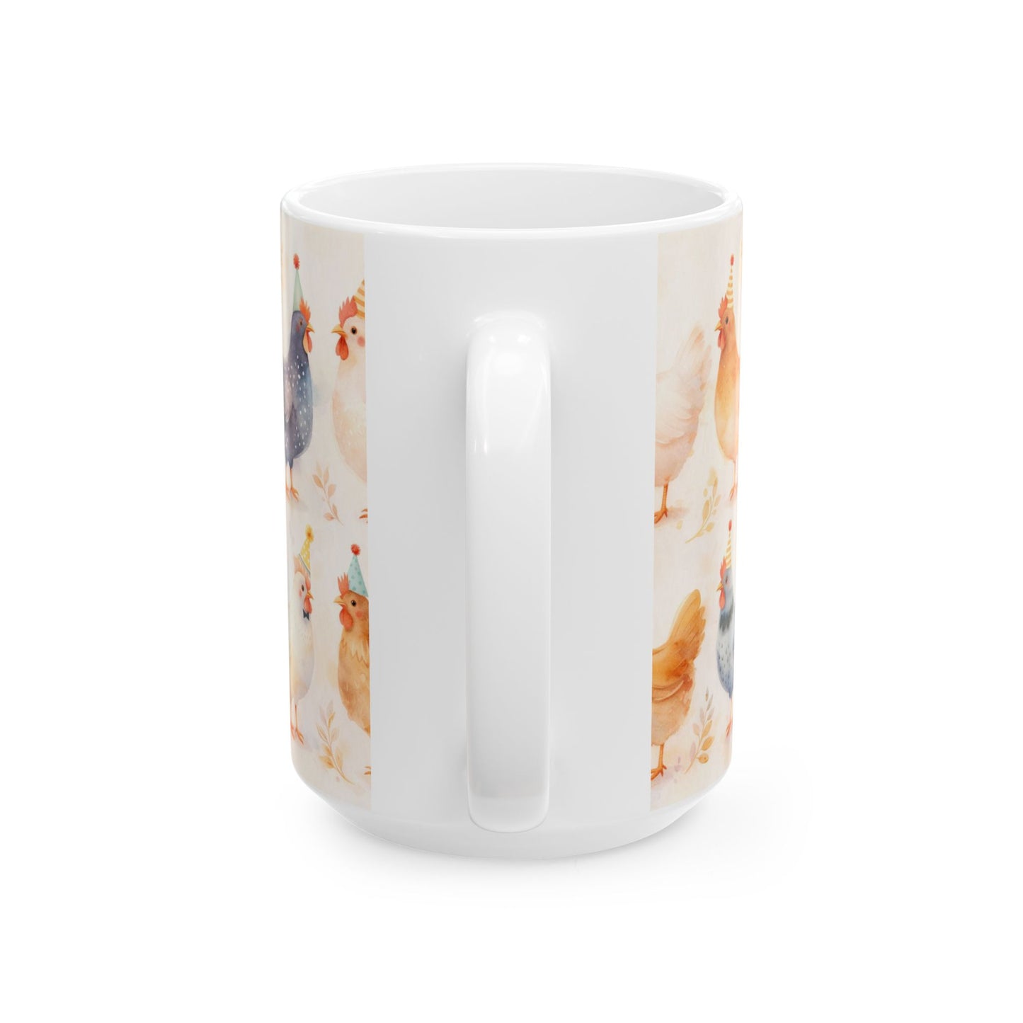 Cute Farm Chicken Mug — Watercolor Hens with Party Hats (11oz, 15oz)