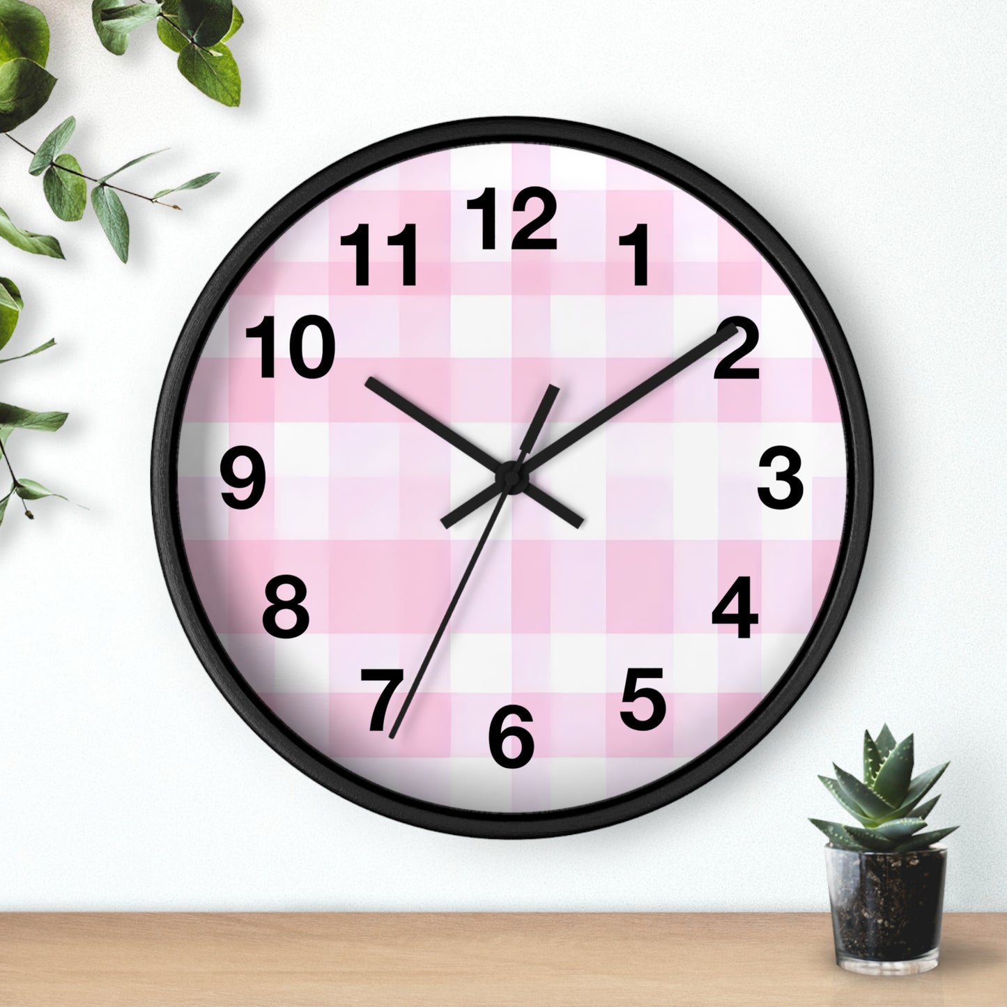 Pink Gingham Wall Clock — Cute Check Pattern Clock for Nursery & Kitchen