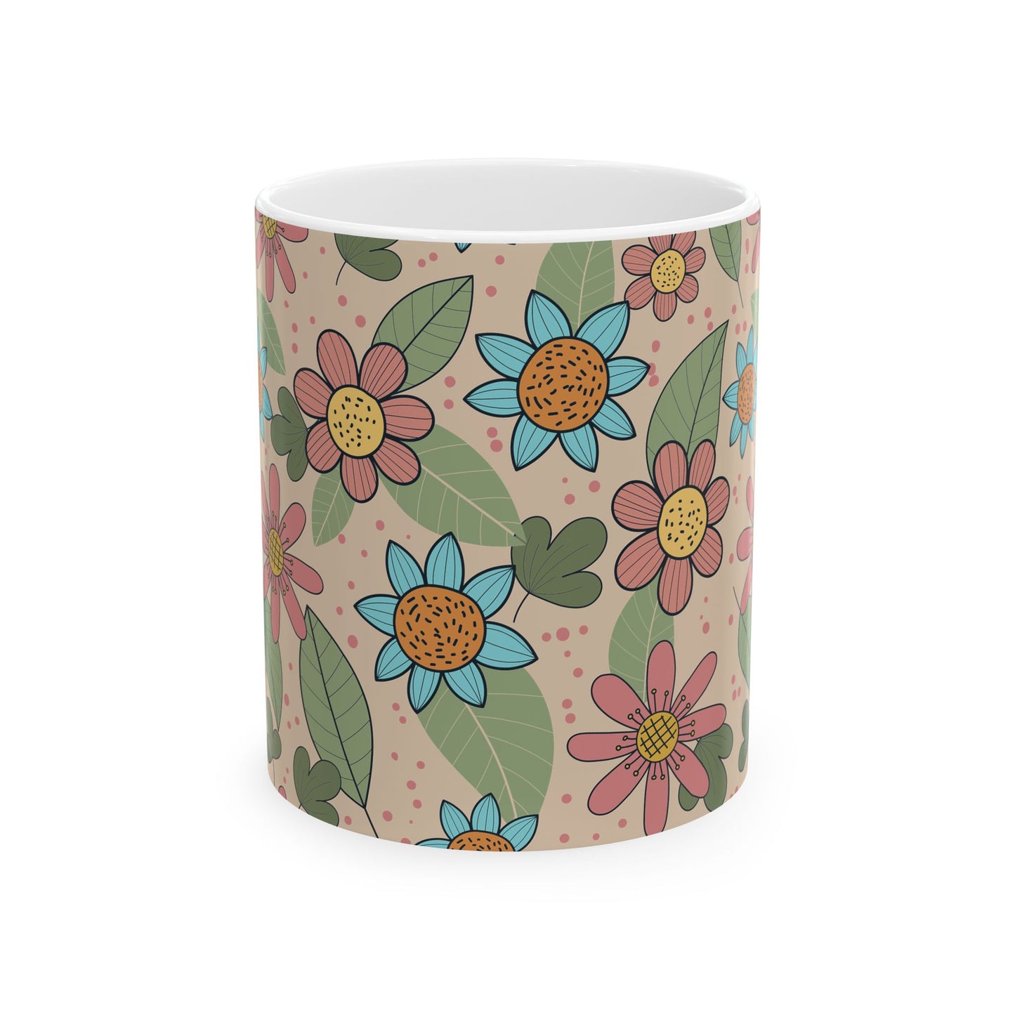 Floral Doodle Ceramic Mug – Retro Flower Pattern Coffee Cup (11oz & 15oz)