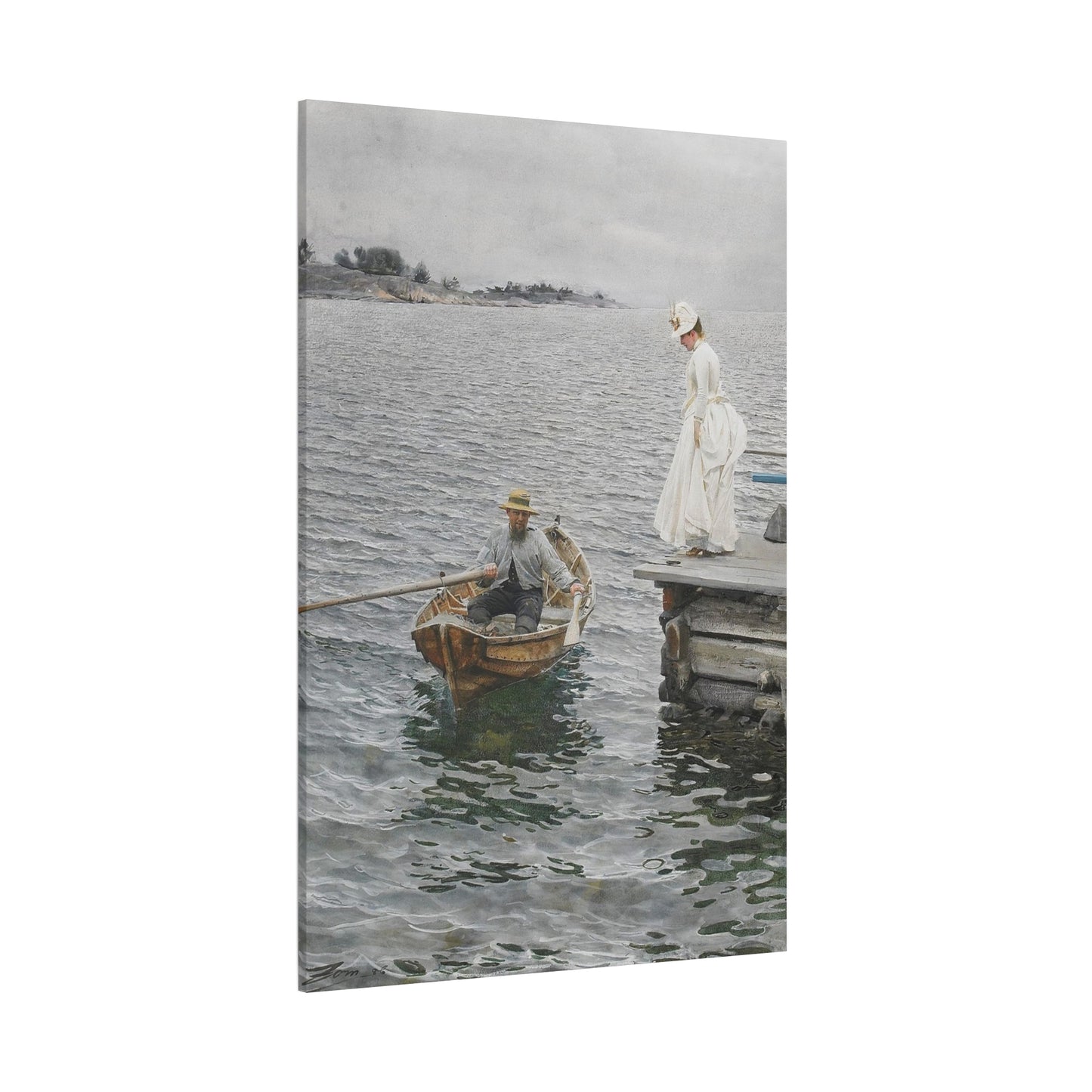 Seaside Stroll Canvas Print — Vintage Woman & Rowboat Matte Stretched Art 1.25"