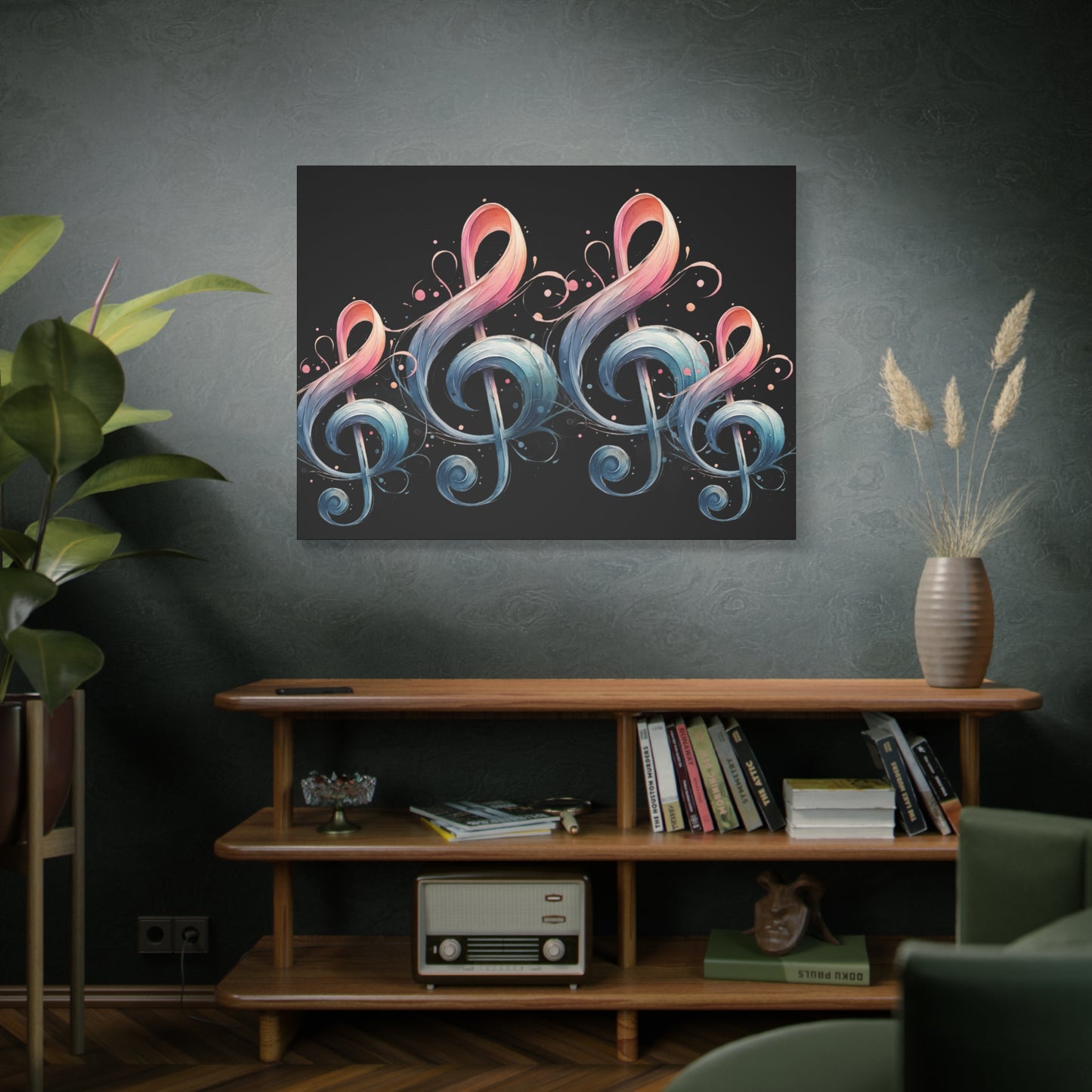 Musical Treble Clef Canvas Wall Art — Pastel Ribbon Notes on Black