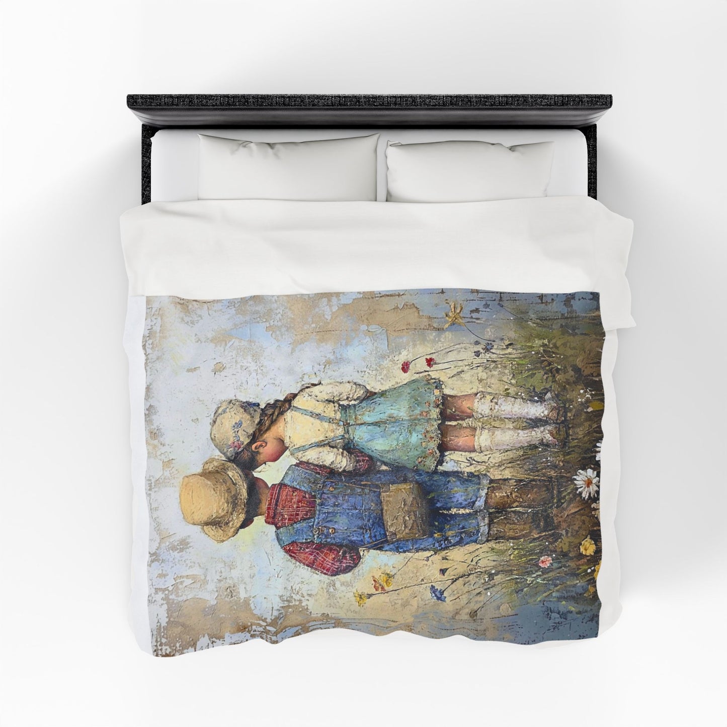 Vintage Children Standing Together Velveteen Plush Blanket — Rustic Nursery Throw