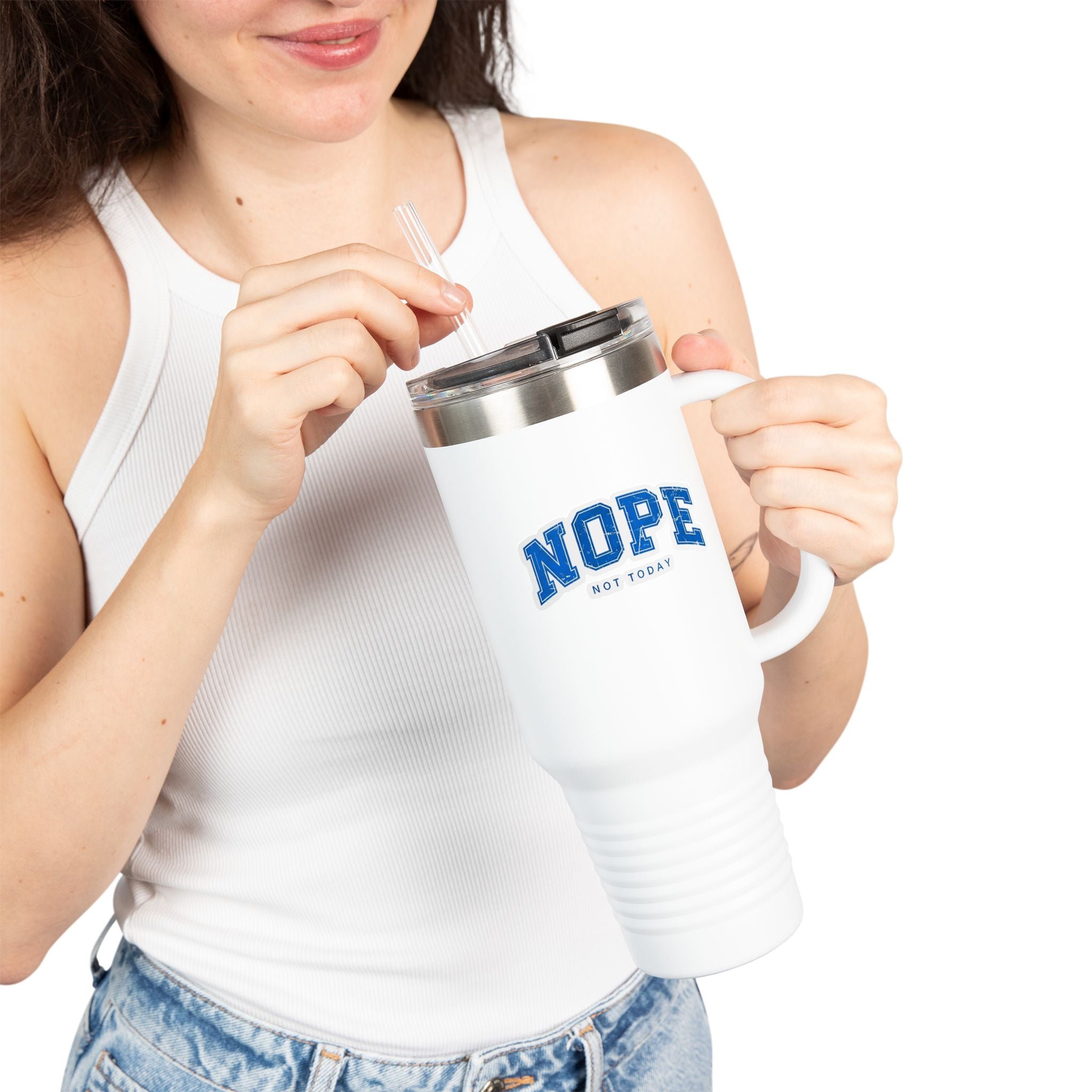 40oz Insulated Travel Mug — "NOPE (Not Today)" Blue Retro Text