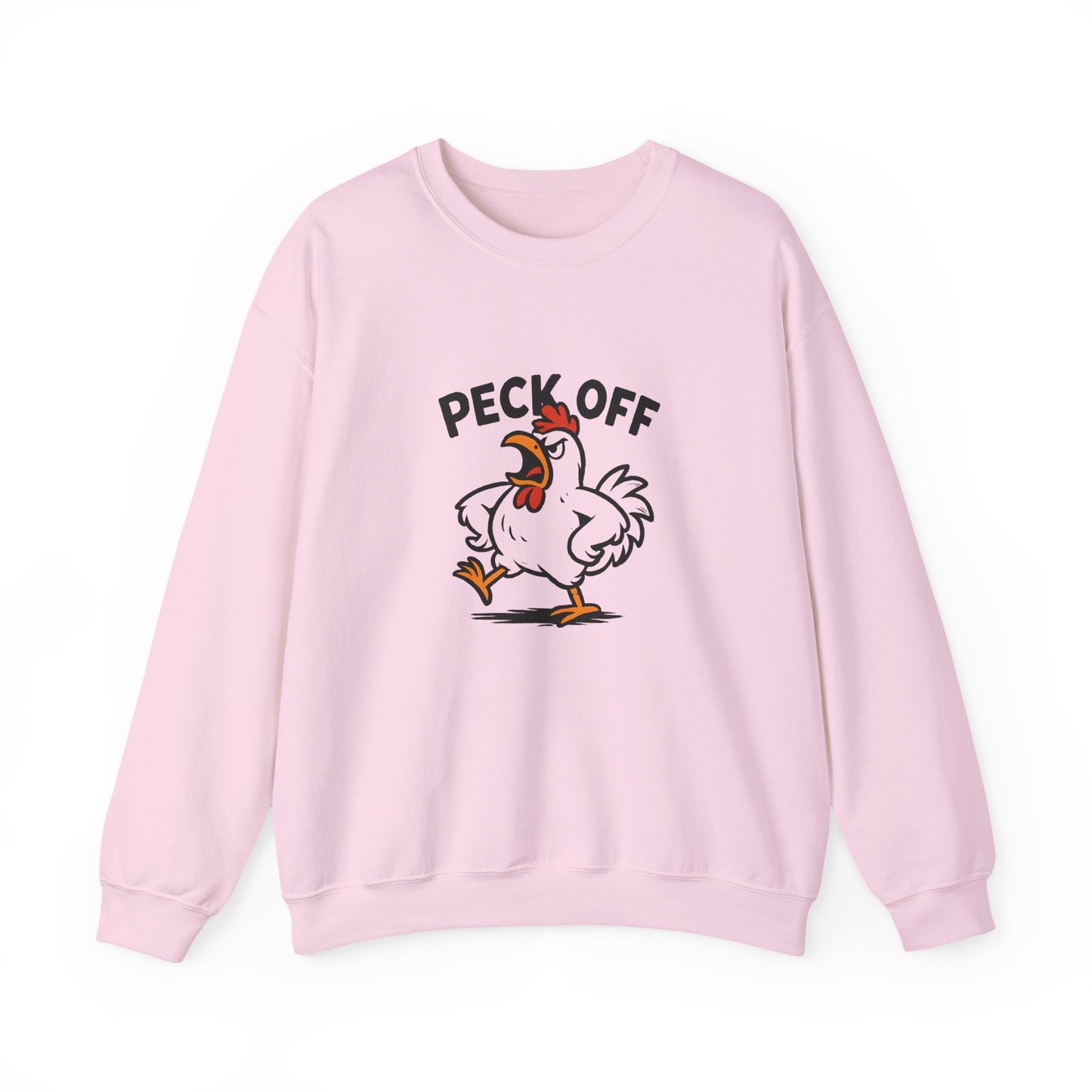 Crewneck Sweatshirt — 'Peck Off' Funny Angry Chicken Graphic