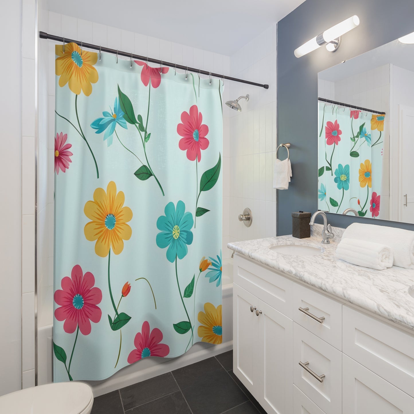 Floral Garden Shower Curtain — Bright Retro Flowers on Sky Blue