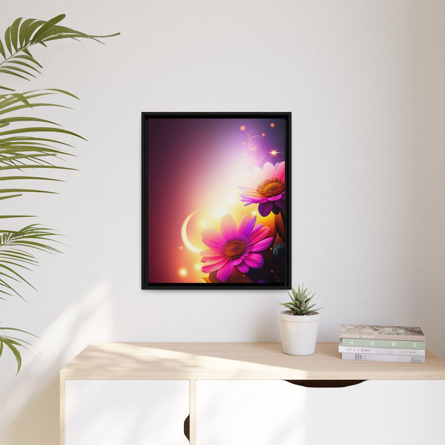 Framed Floral Canvas Art — Pink Daisies Sunset Wall Print