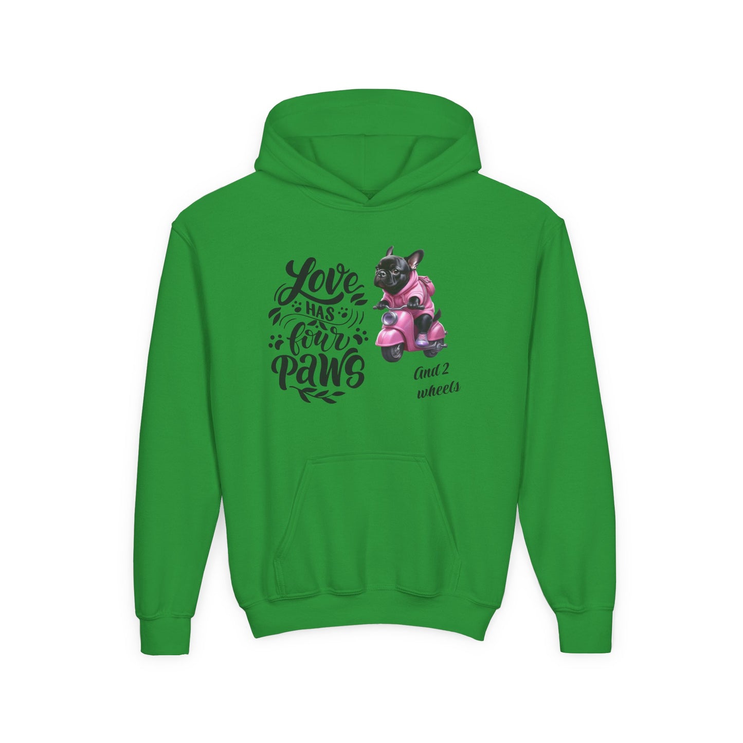 Youth Hoodie — "Love Has Four Paws" Pink Scooter French Bulldog Graphic