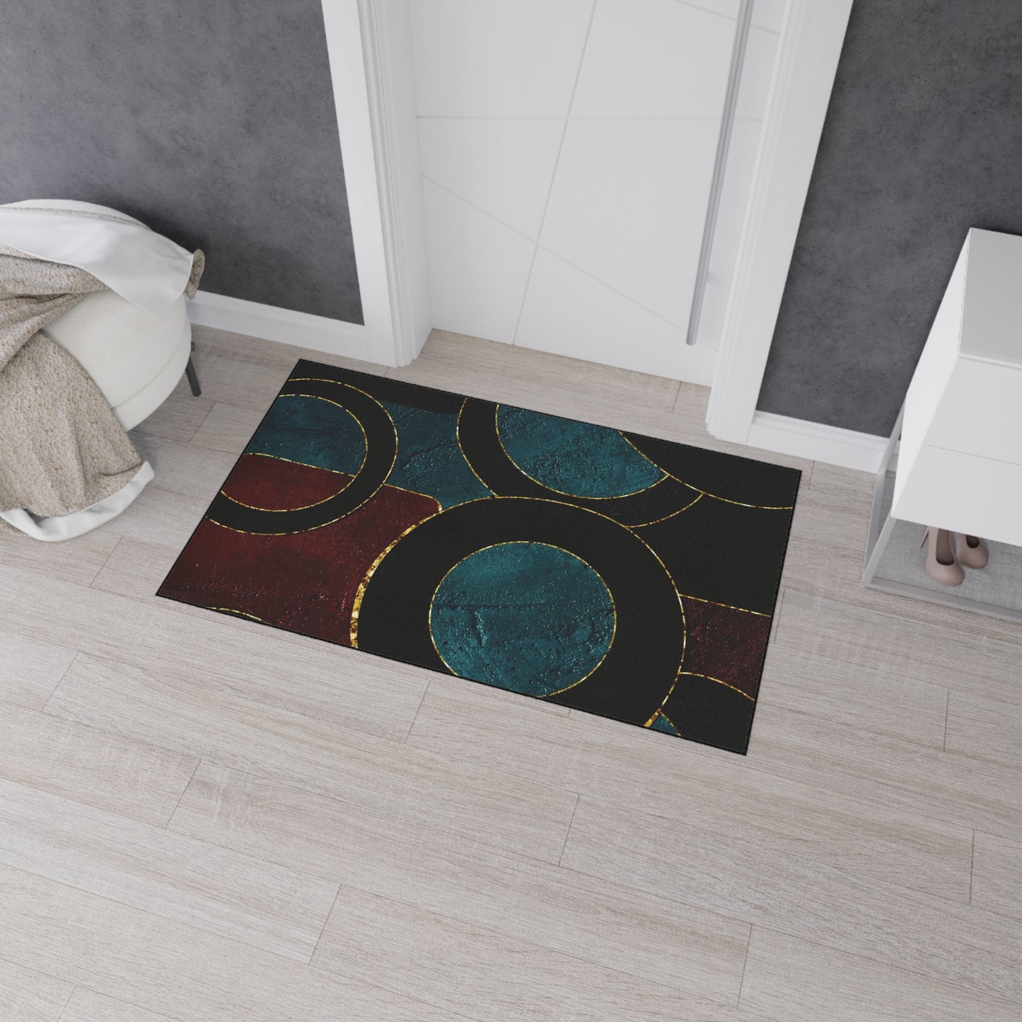 Heavy-Duty Floor Mat — Teal & Burgundy Modern Circle Entry Rug