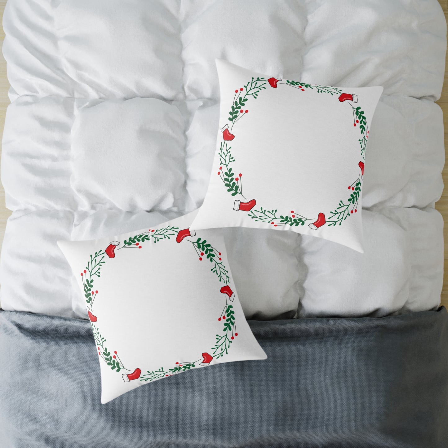 Holiday Holly Corner Square Pillow - Festive Red Berries & Greenery Throw Pillow