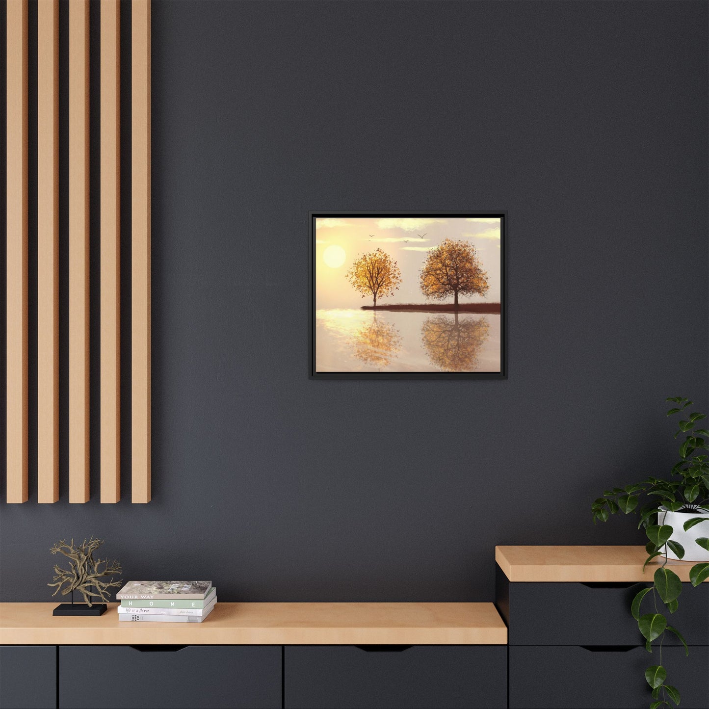 Framed Matte Canvas Wall Art — Golden Autumn Trees Reflection