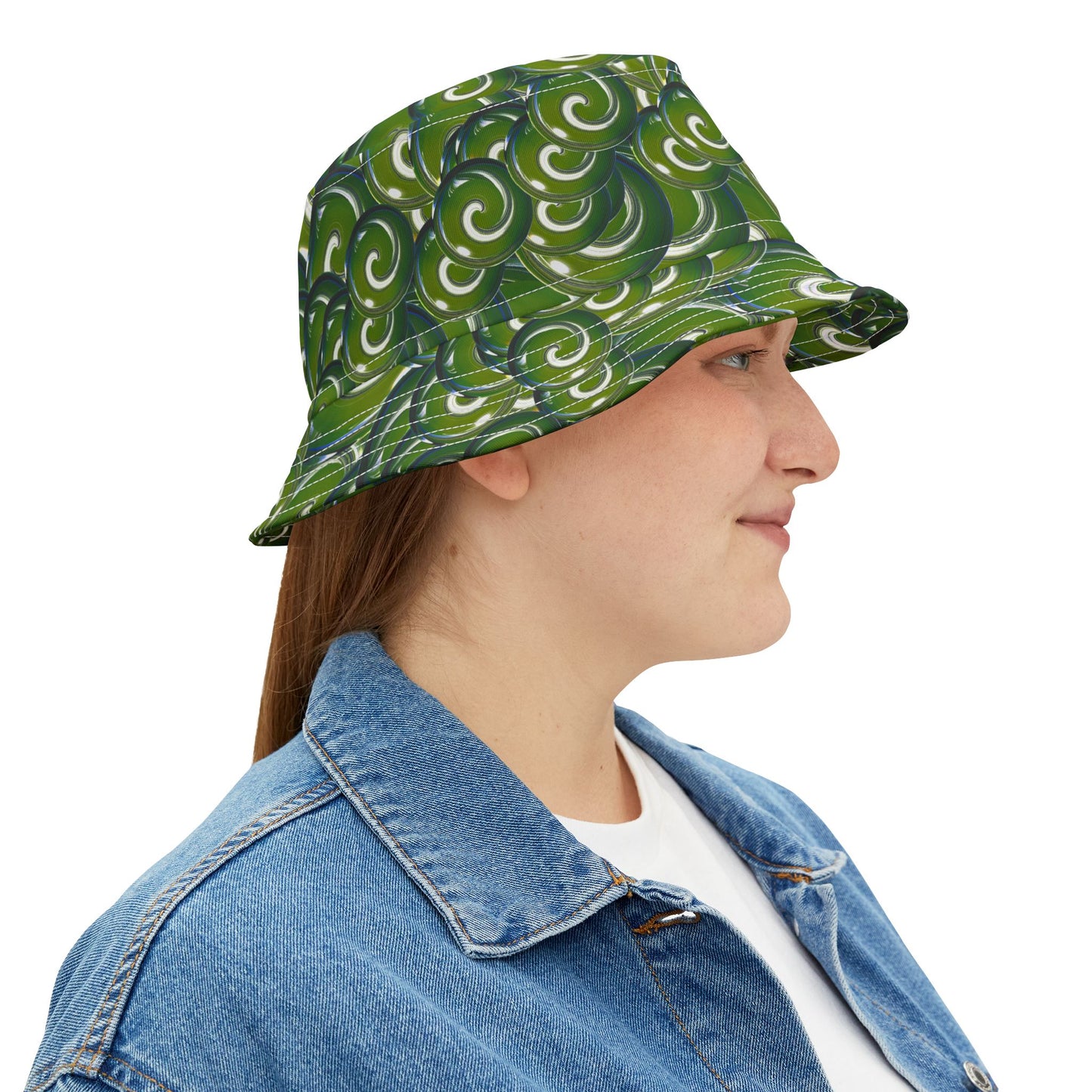 Green Swirl Pattern Bucket Hat – All-Over Print Casual Sun Hat